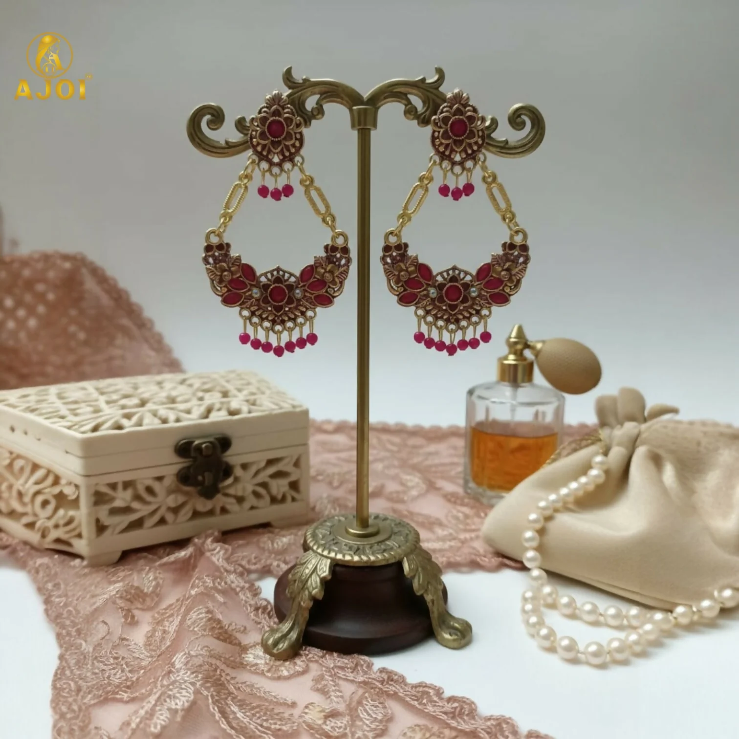 Antique Gold-Plated Pink Stone Floral Chandbali Earrings for Women - Image 5