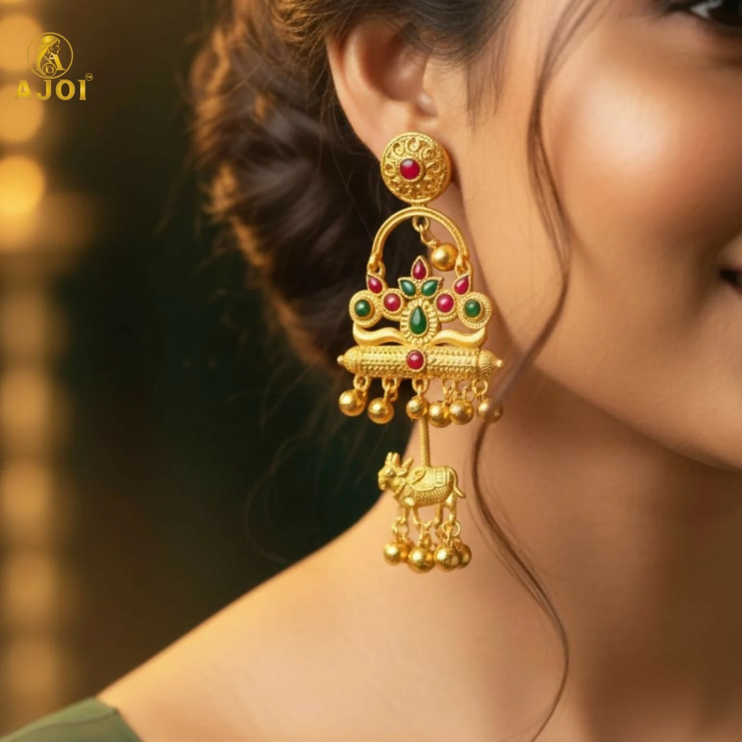Antique Gold-Plated Red & Green Stone Tribal Drop Earrings with Cow Earrings - Image 2