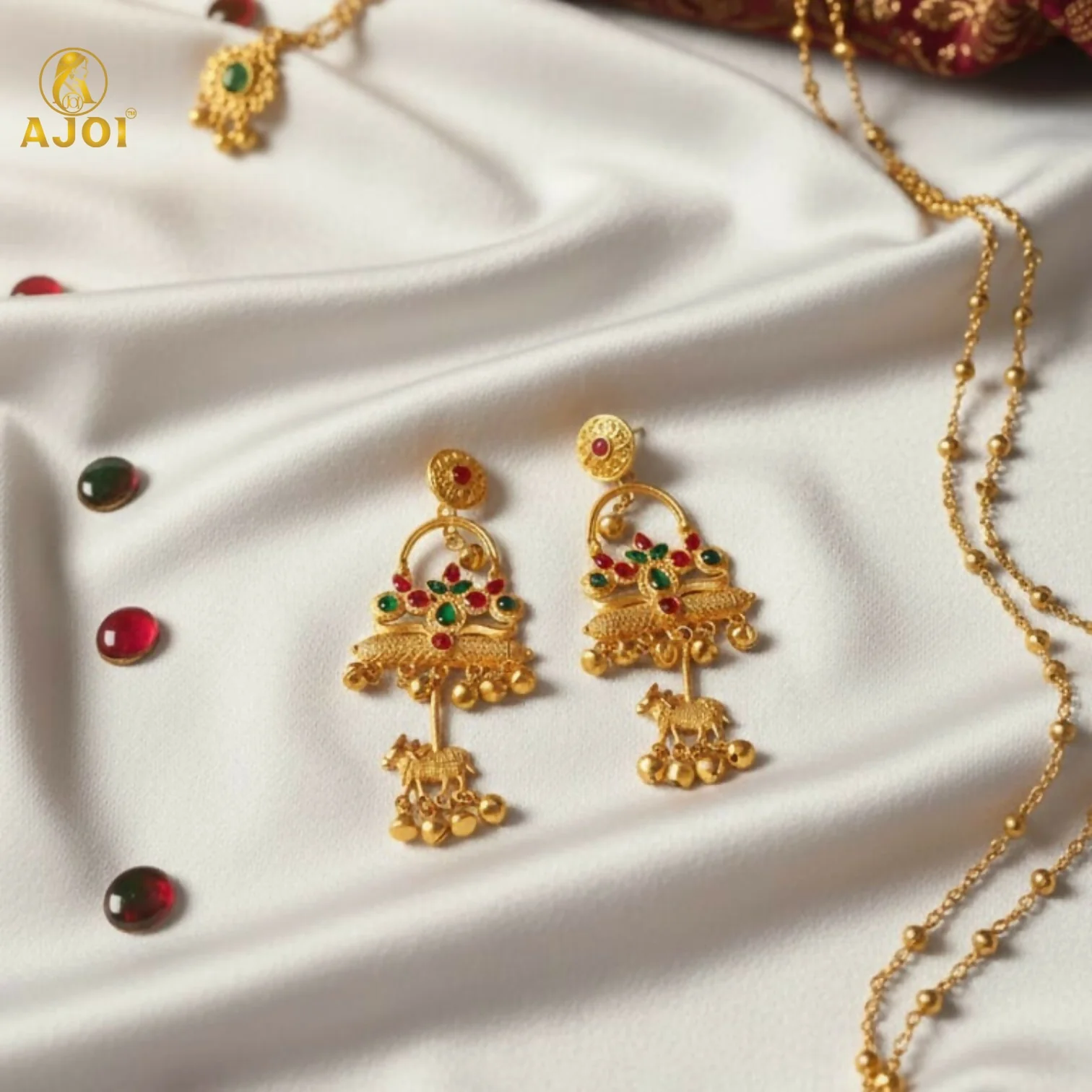 Antique Gold-Plated Red & Green Stone Tribal Drop Earrings with Cow Earrings - Image 3
