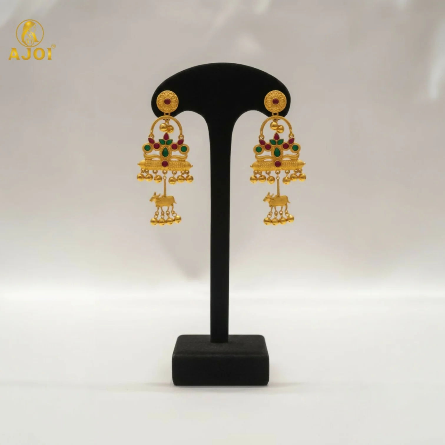 Antique Gold-Plated Red & Green Stone Tribal Drop Earrings with Cow Earrings - Image 4