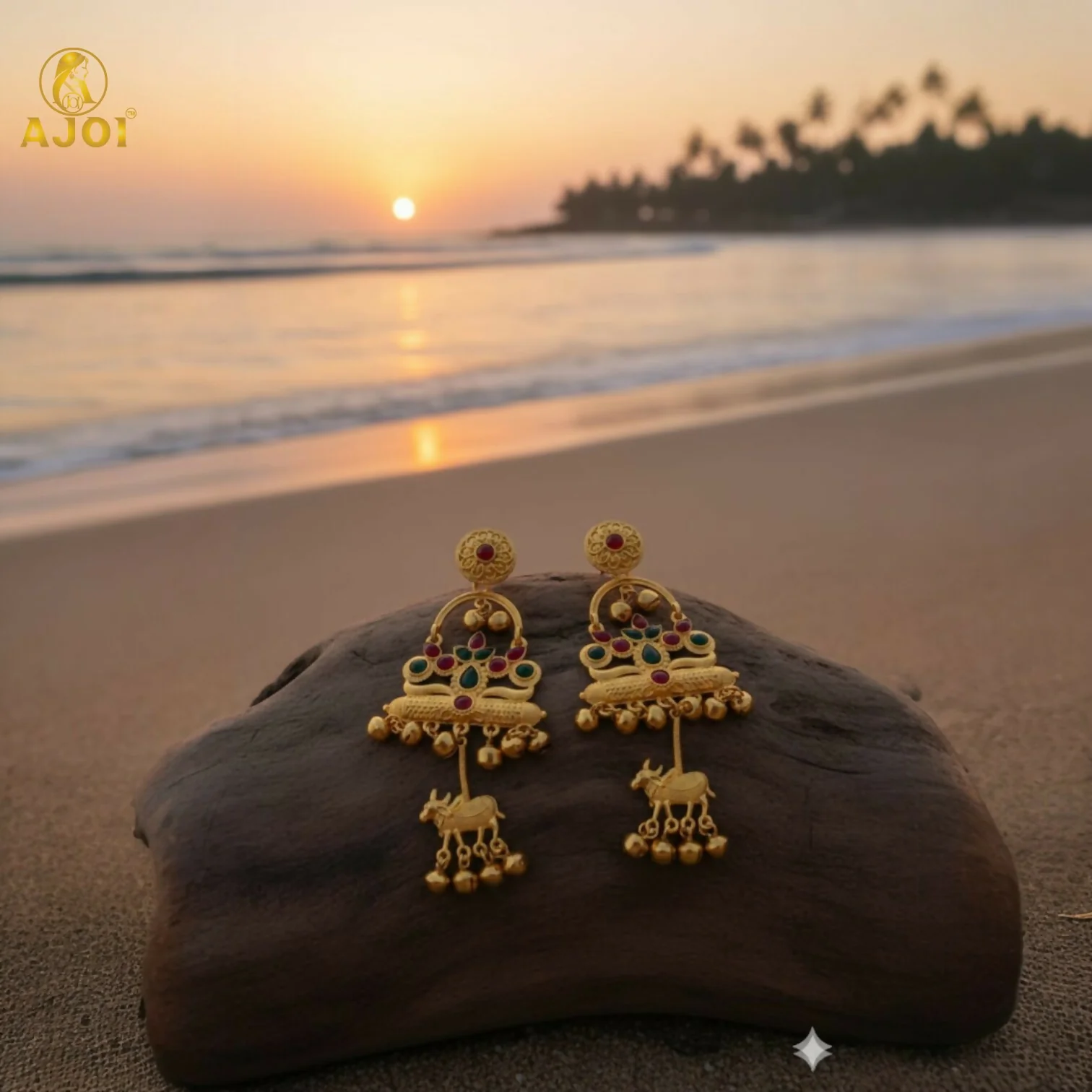 Antique Gold-Plated Red & Green Stone Tribal Drop Earrings with Cow Earrings - Image 5