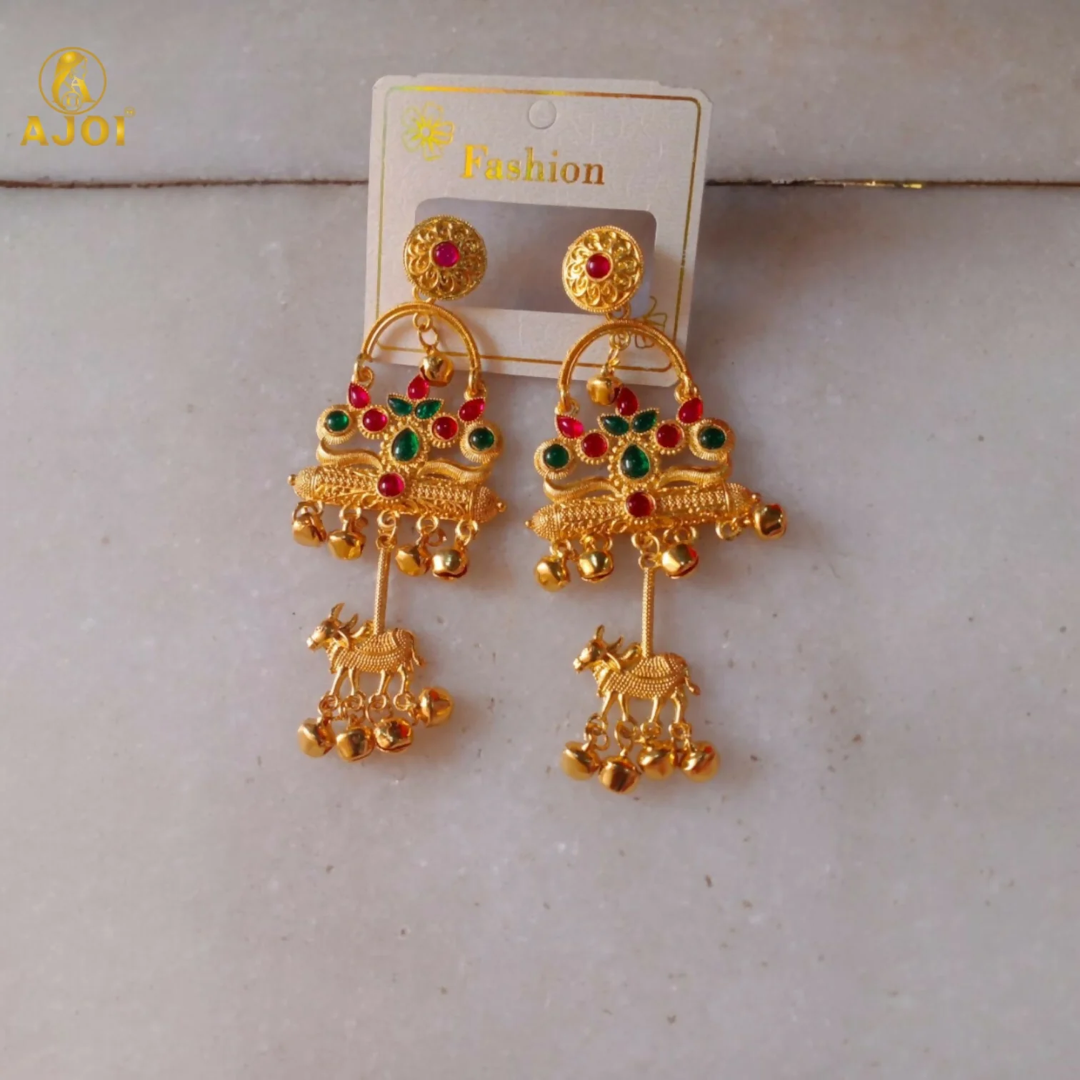 Antique Gold-Plated Red & Green Stone Tribal Drop Earrings with Cow Earrings - Image 6