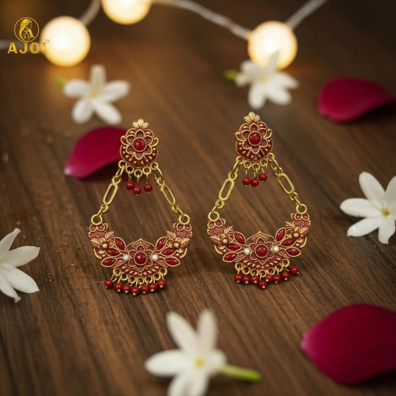 Antique Gold-Plated Red Stone Floral Chandbali Earrings for Women - Image 3