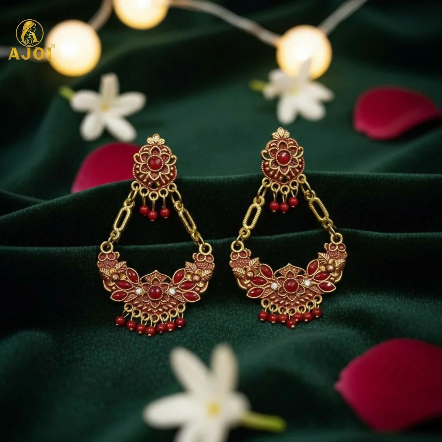 Antique Gold-Plated Red Stone Floral Chandbali Earrings for Women - Image 4