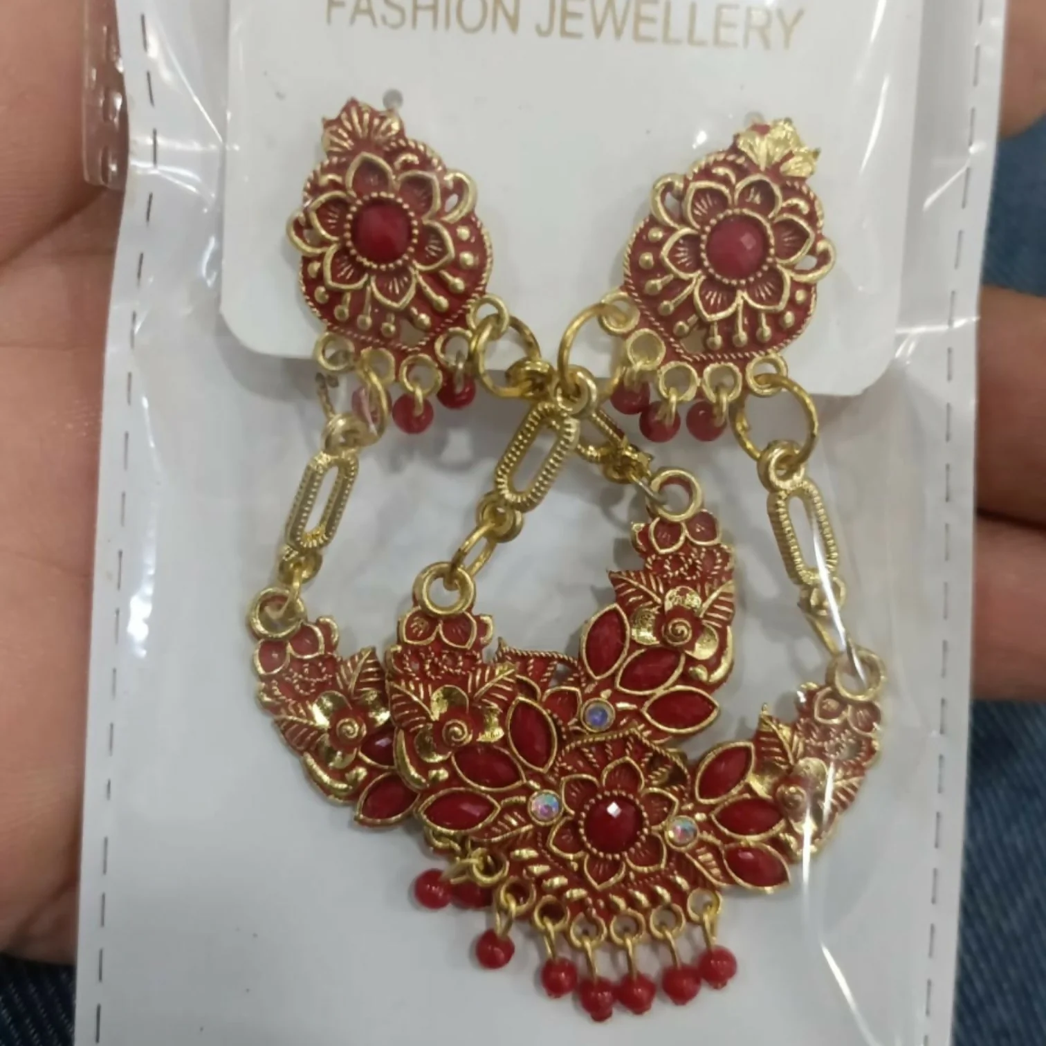 Antique Gold-Plated Red Stone Floral Chandbali Earrings for Women - Image 5