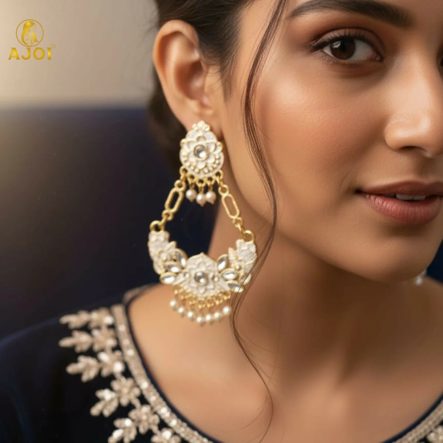 Antique Gold-Plated White Stone & Pearl Floral Chandbali Earrings for Women - Image 2