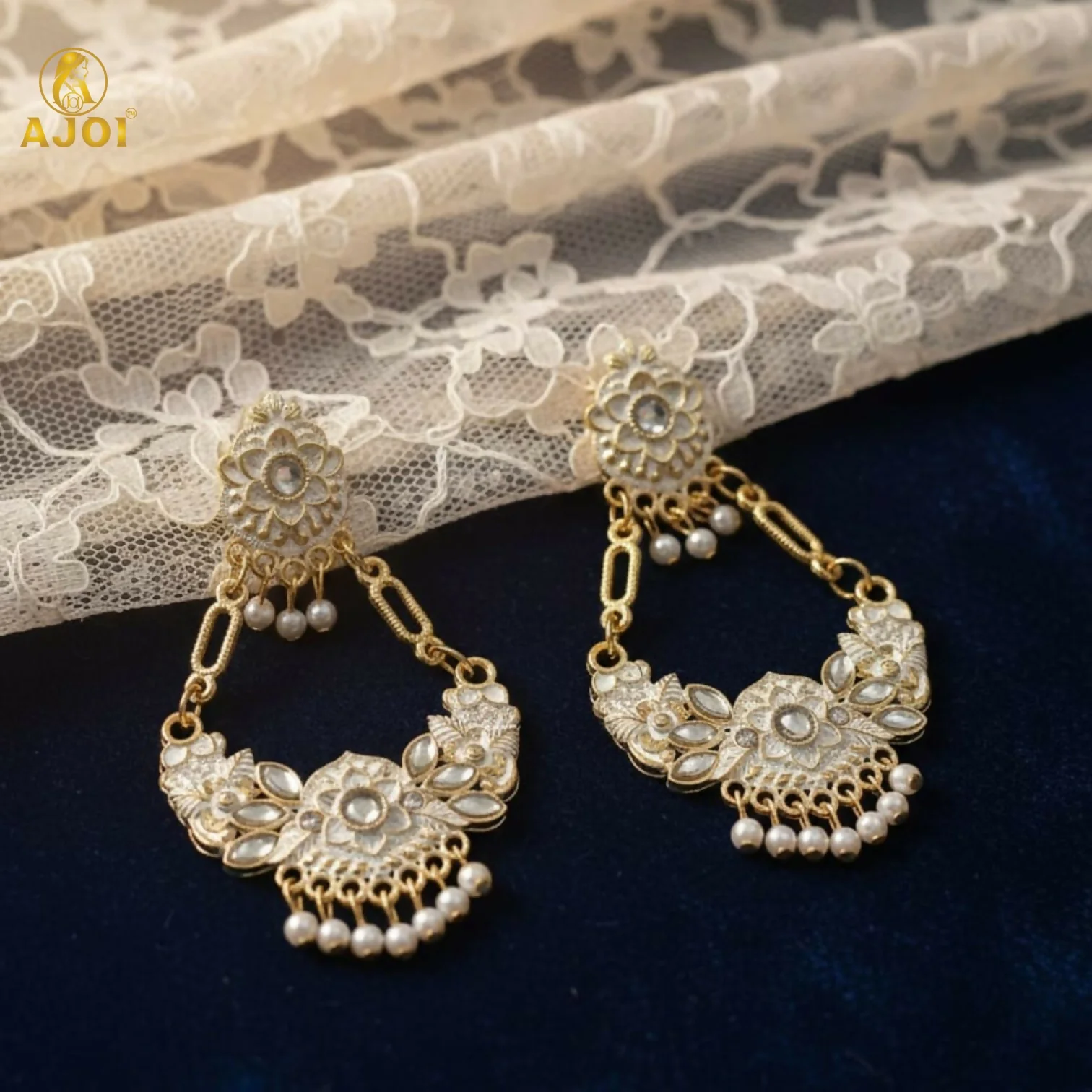 Antique Gold-Plated White Stone & Pearl Floral Chandbali Earrings for Women - Image 3