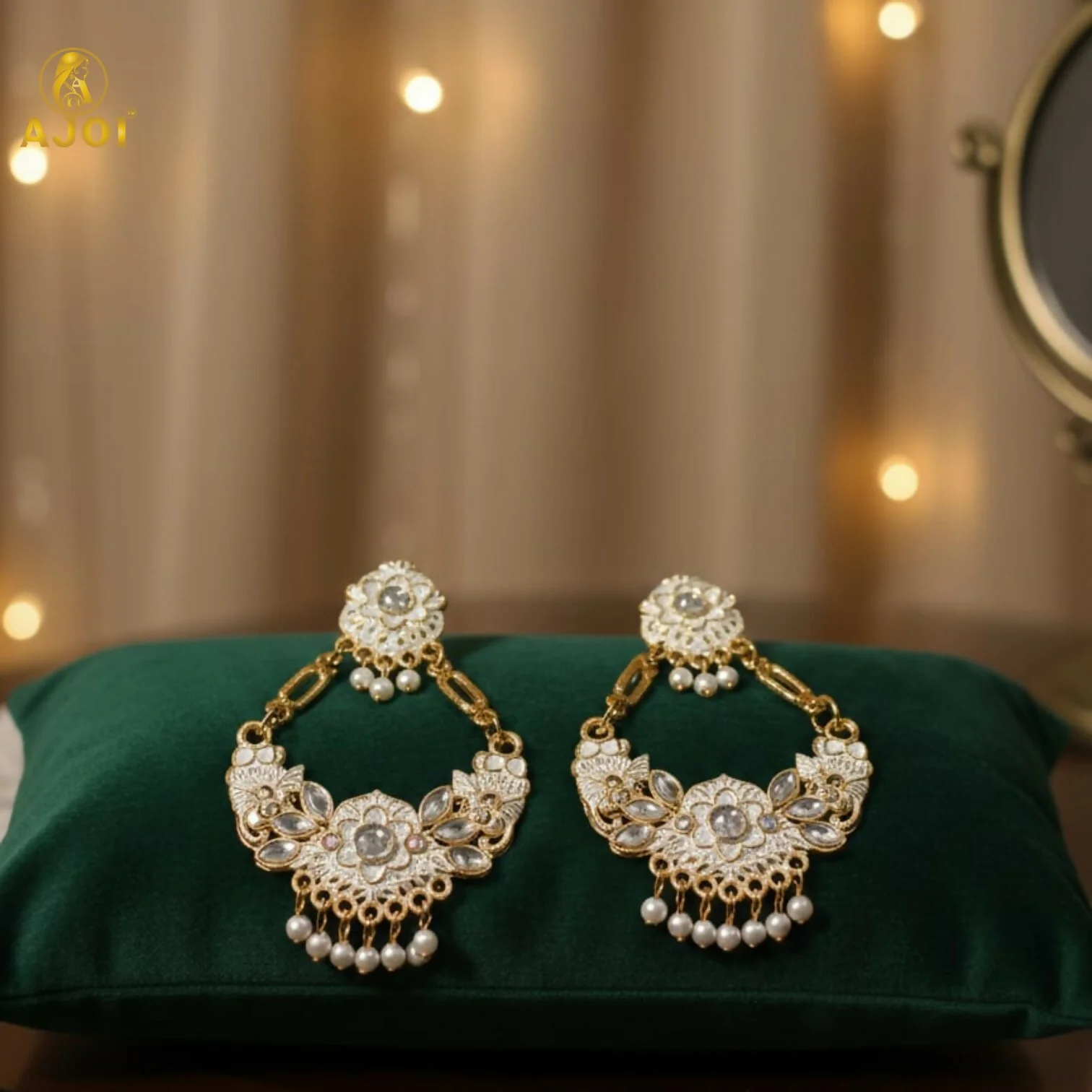 Antique Gold-Plated White Stone & Pearl Floral Chandbali Earrings for Women - Image 4
