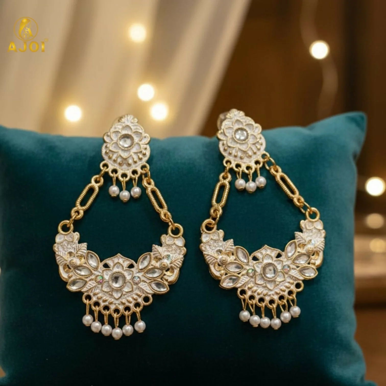 Antique Gold-Plated White Stone & Pearl Floral Chandbali Earrings for Women - Image 5
