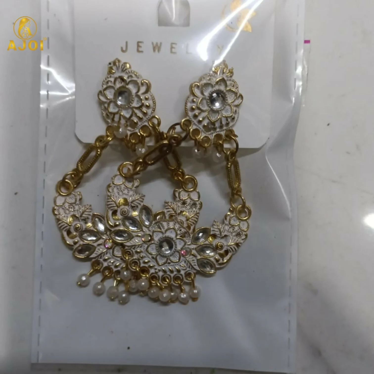 Antique Gold-Plated White Stone & Pearl Floral Chandbali Earrings for Women - Image 6