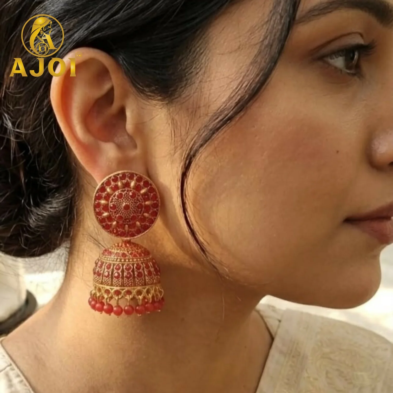 Antique Gold Red Stone Jhumka Earrings Traditional Ethnic Jewelry - Image 2