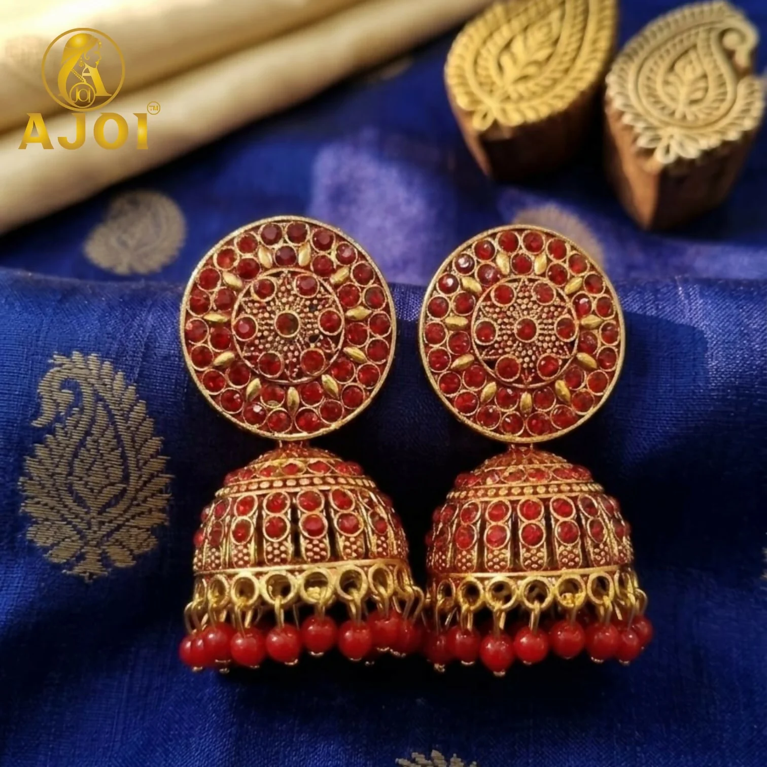 Antique Gold Red Stone Jhumka Earrings Traditional Ethnic Jewelry - Image 3