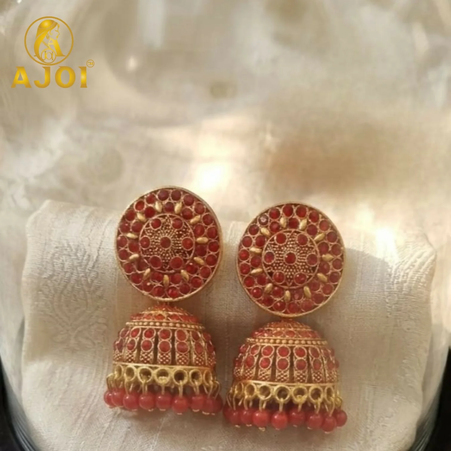 Antique Gold Red Stone Jhumka Earrings Traditional Ethnic Jewelry - Image 4