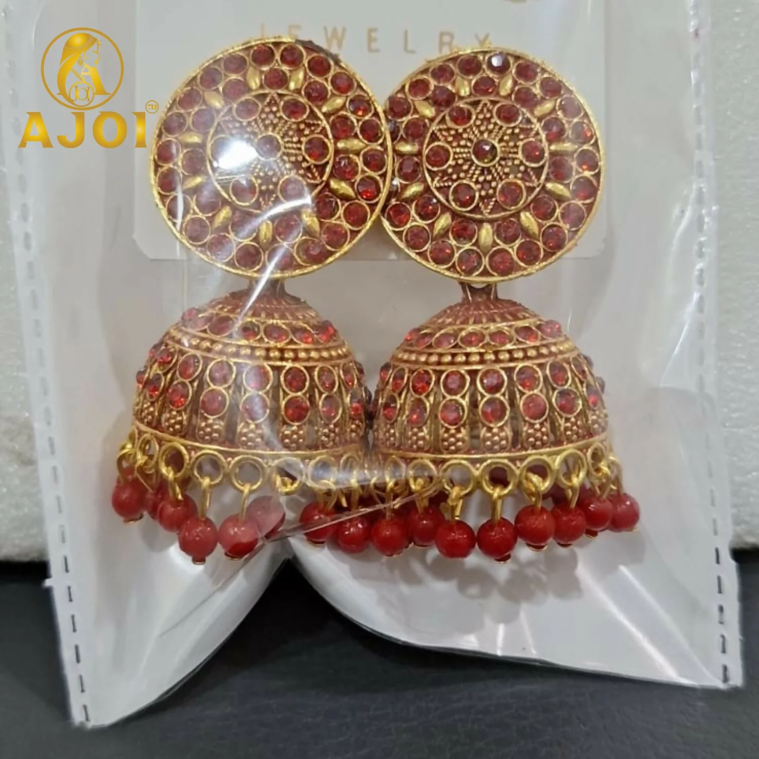 Antique Gold Red Stone Jhumka Earrings Traditional Ethnic Jewelry - Image 5