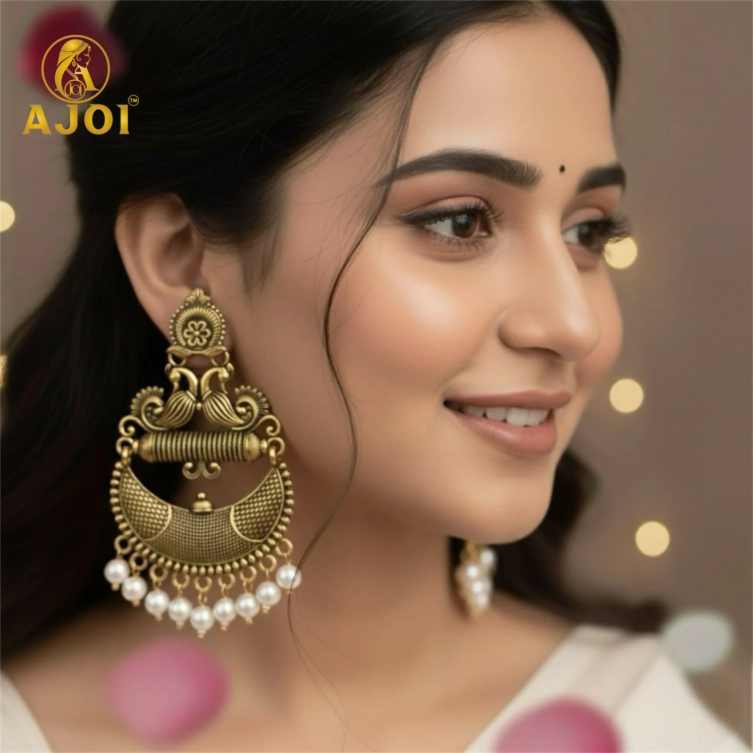 Antique Gold Tribal Chandbali Earrings with Pearl Drops & Peacock Motif - Image 2