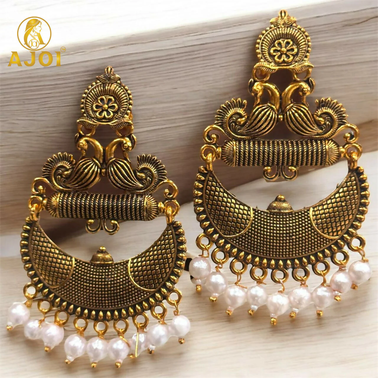 Antique Gold Tribal Chandbali Earrings with Pearl Drops & Peacock Motif - Image 3