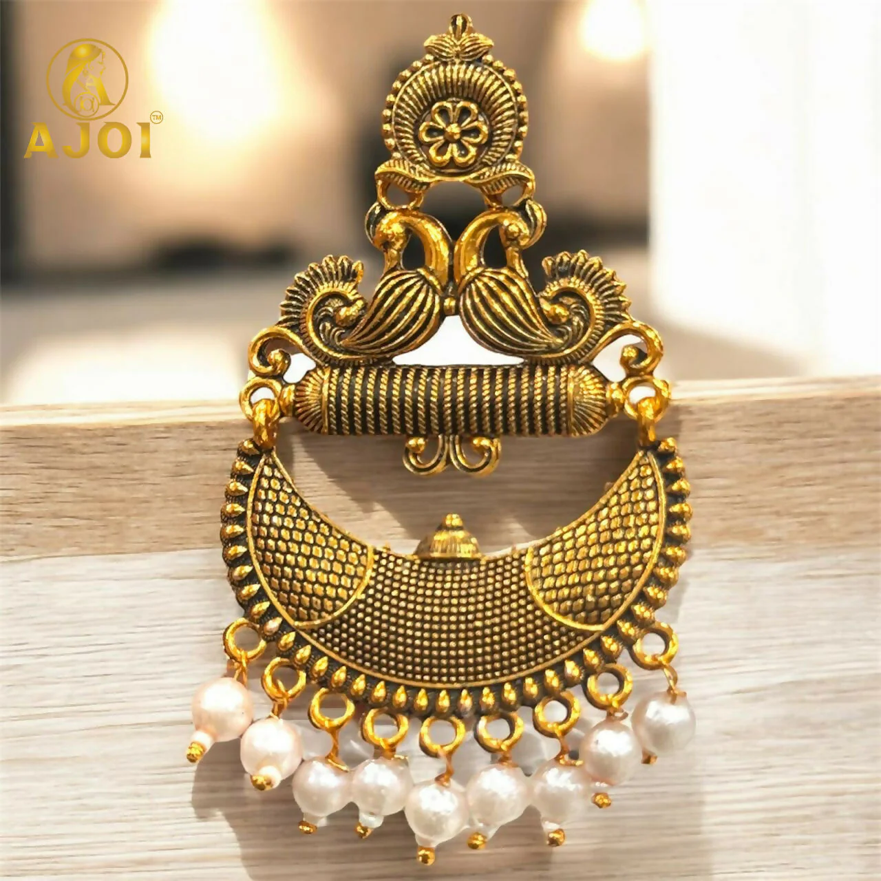 Antique Gold Tribal Chandbali Earrings with Pearl Drops & Peacock Motif - Image 4