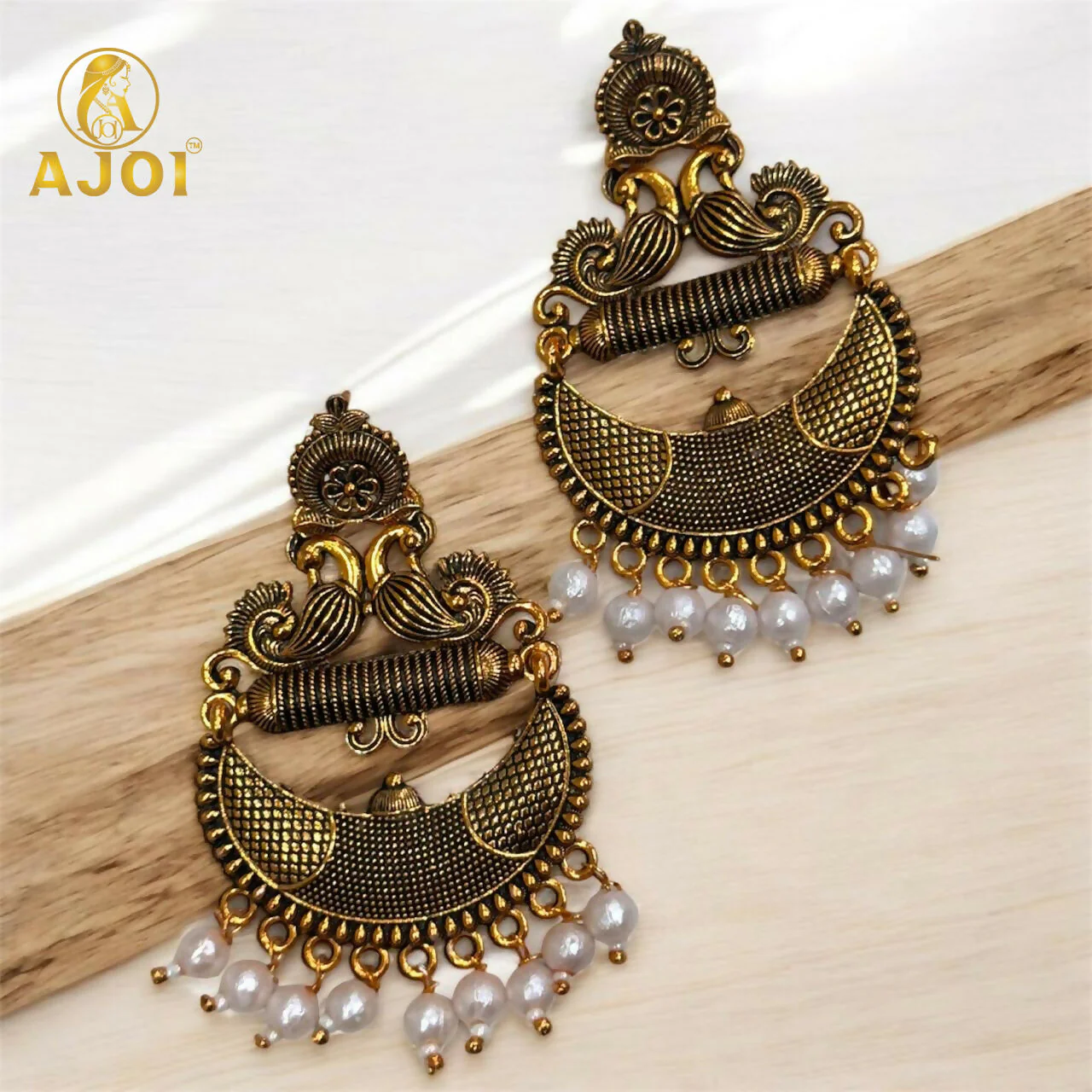Antique Gold Tribal Chandbali Earrings with Pearl Drops & Peacock Motif - Image 5