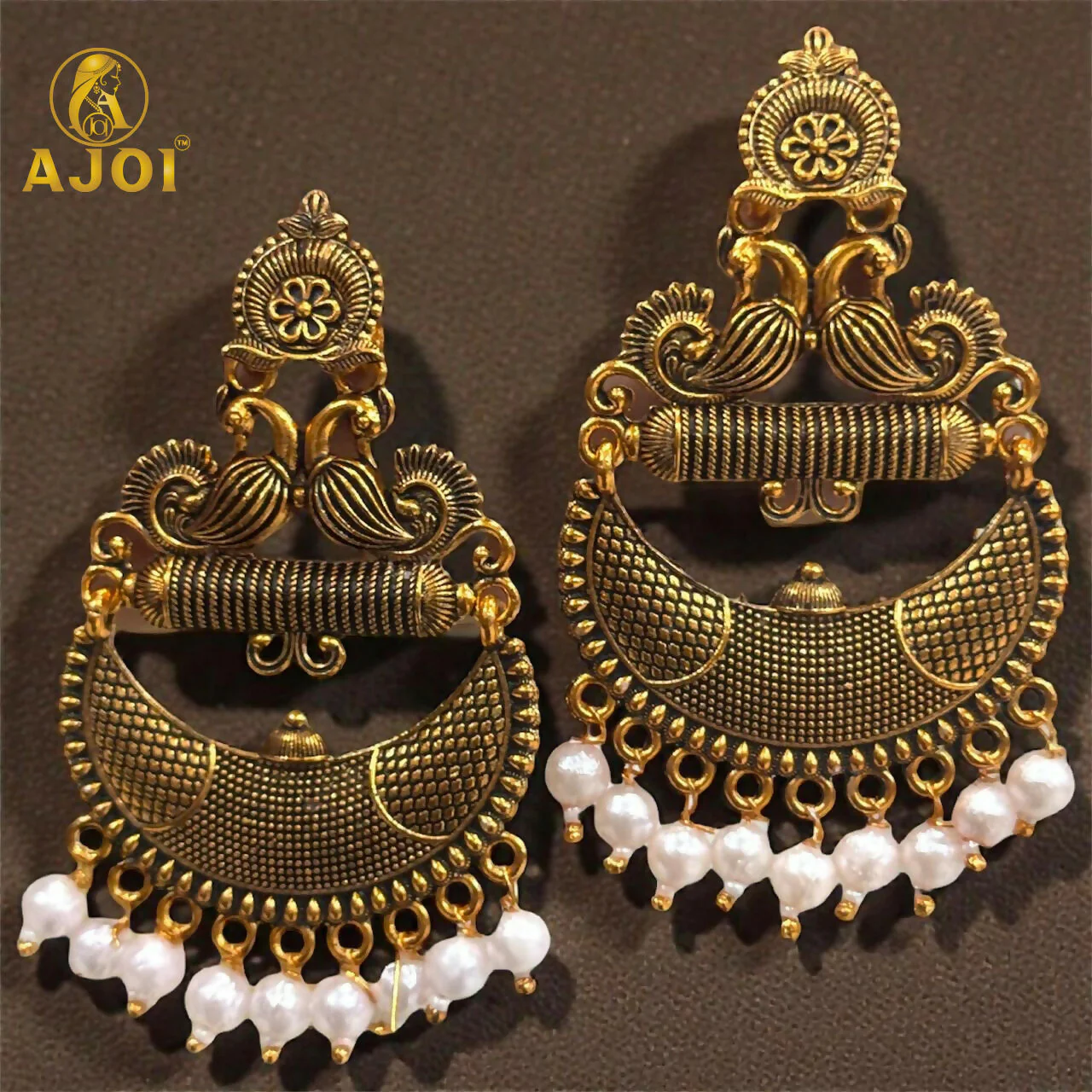 Antique Gold Tribal Chandbali Earrings with Pearl Drops & Peacock Motif - Image 6