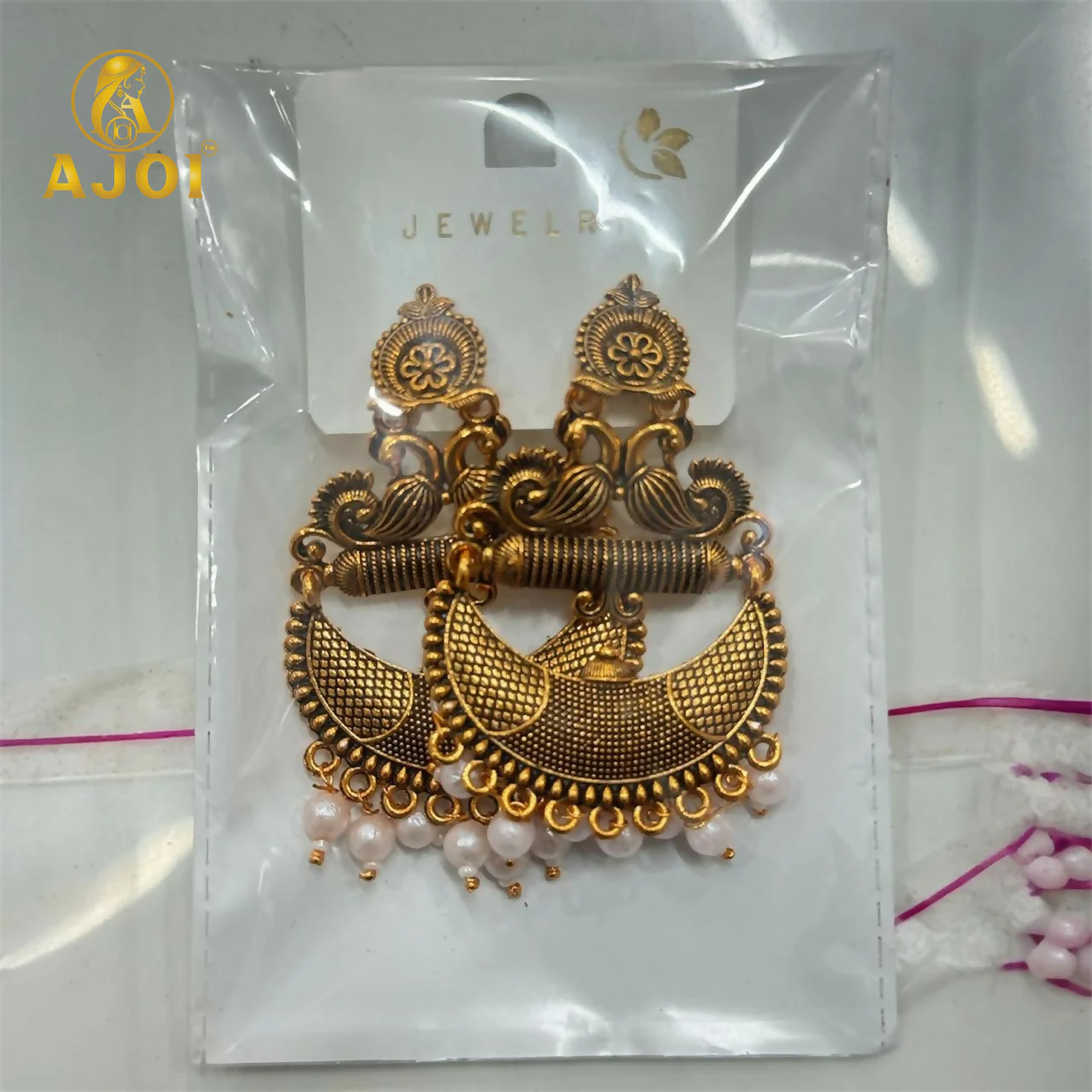 Antique Gold Tribal Chandbali Earrings with Pearl Drops & Peacock Motif - Image 7