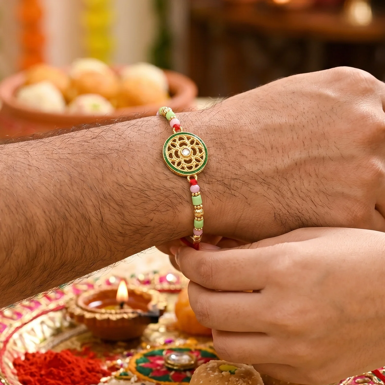 Antique Golden Floral Wheel Designer Rakhi - Image 2