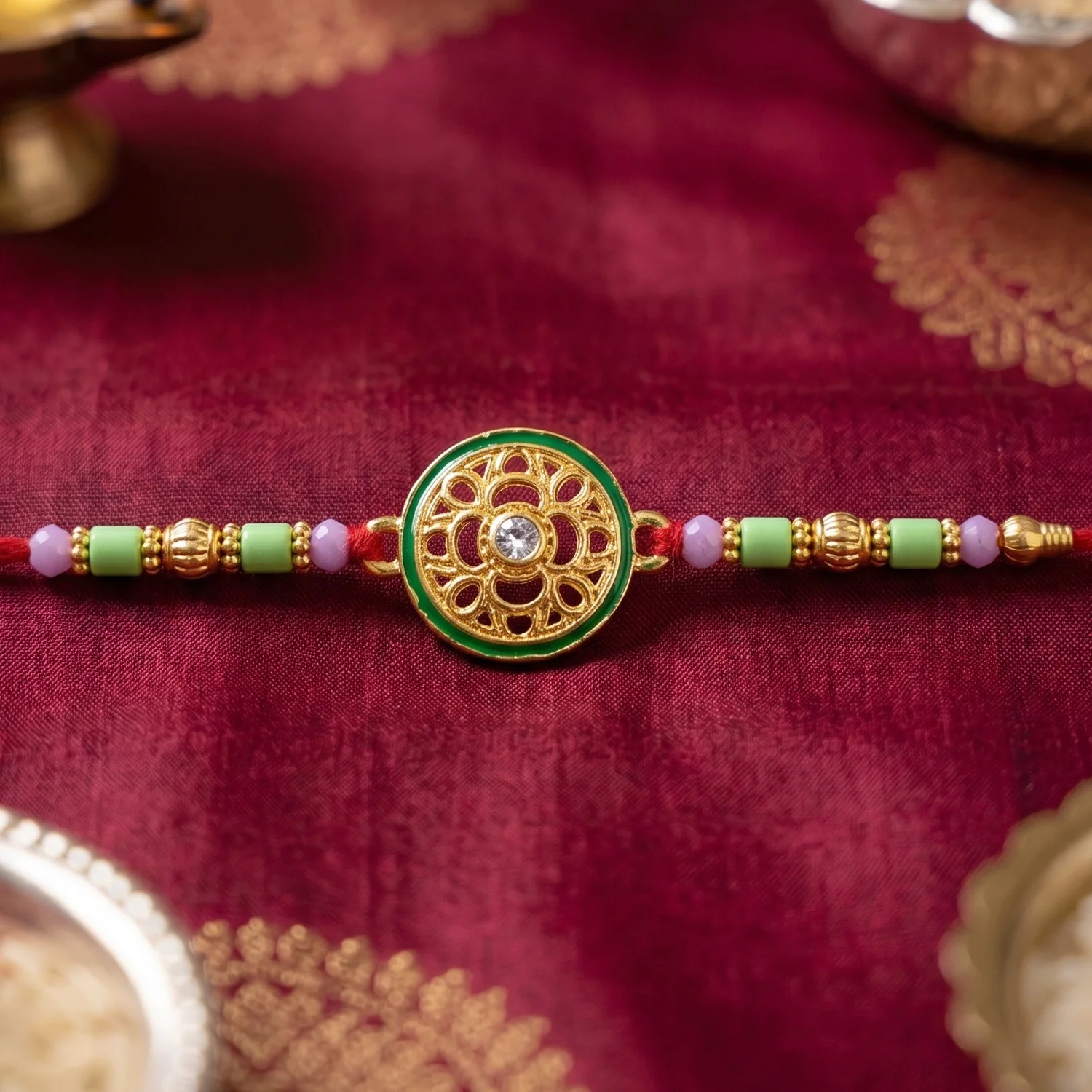 Antique Golden Floral Wheel Designer Rakhi - Image 3