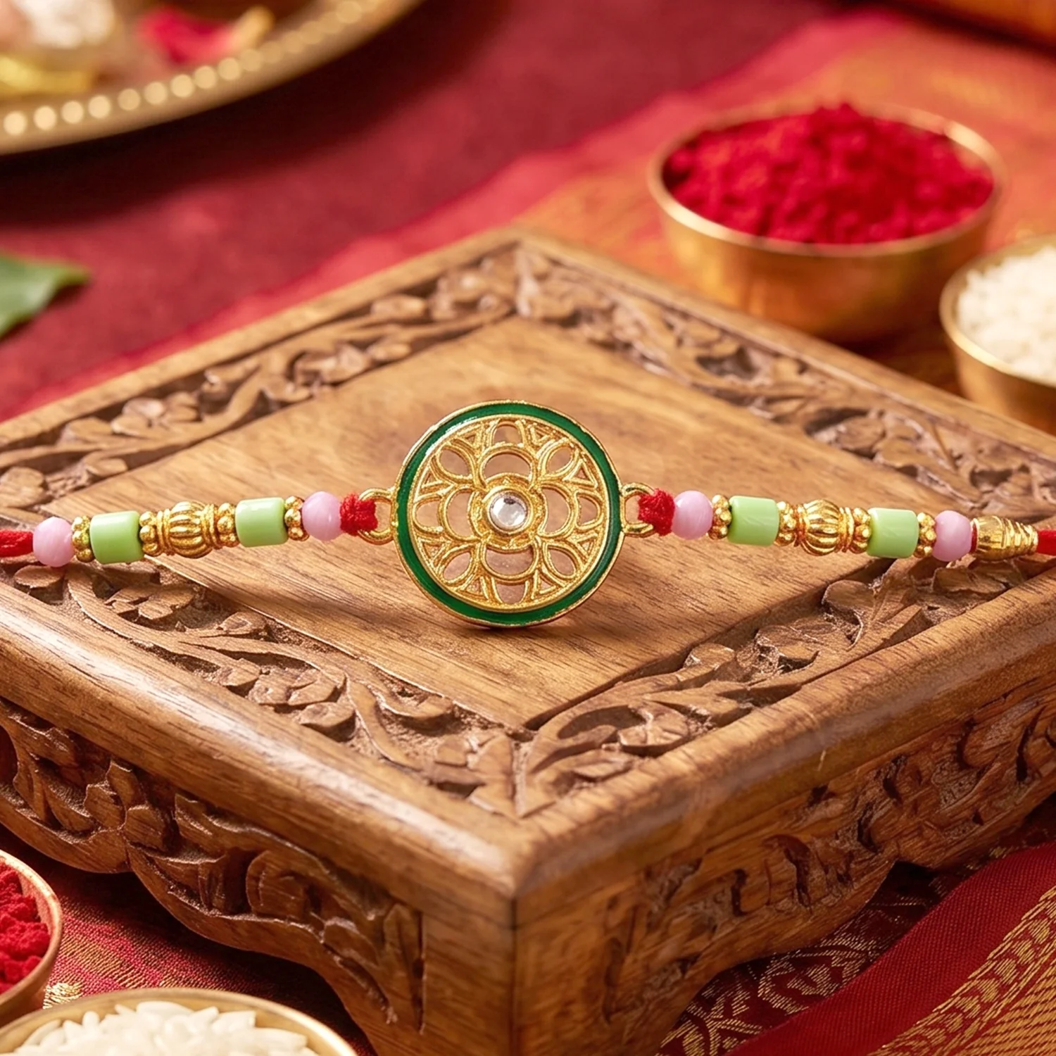 Antique Golden Floral Wheel Designer Rakhi - Image 4