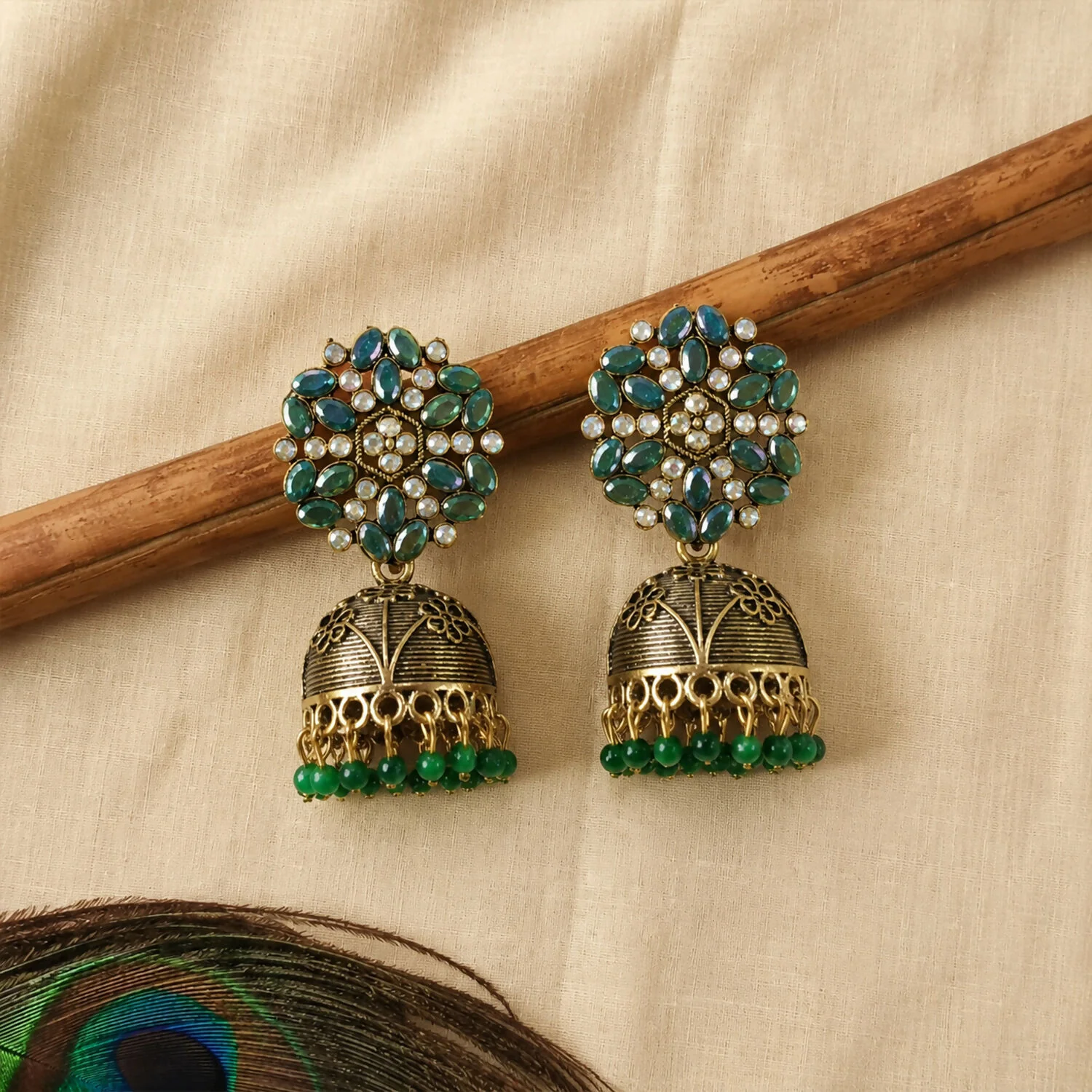 Antique Golden Jhumka Earrings with Green Stone Floral Top