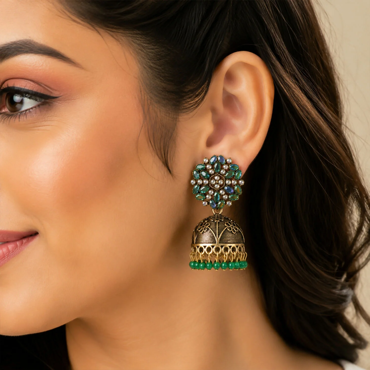 Antique Golden Jhumka Earrings with Green Stone Floral Top - Image 2