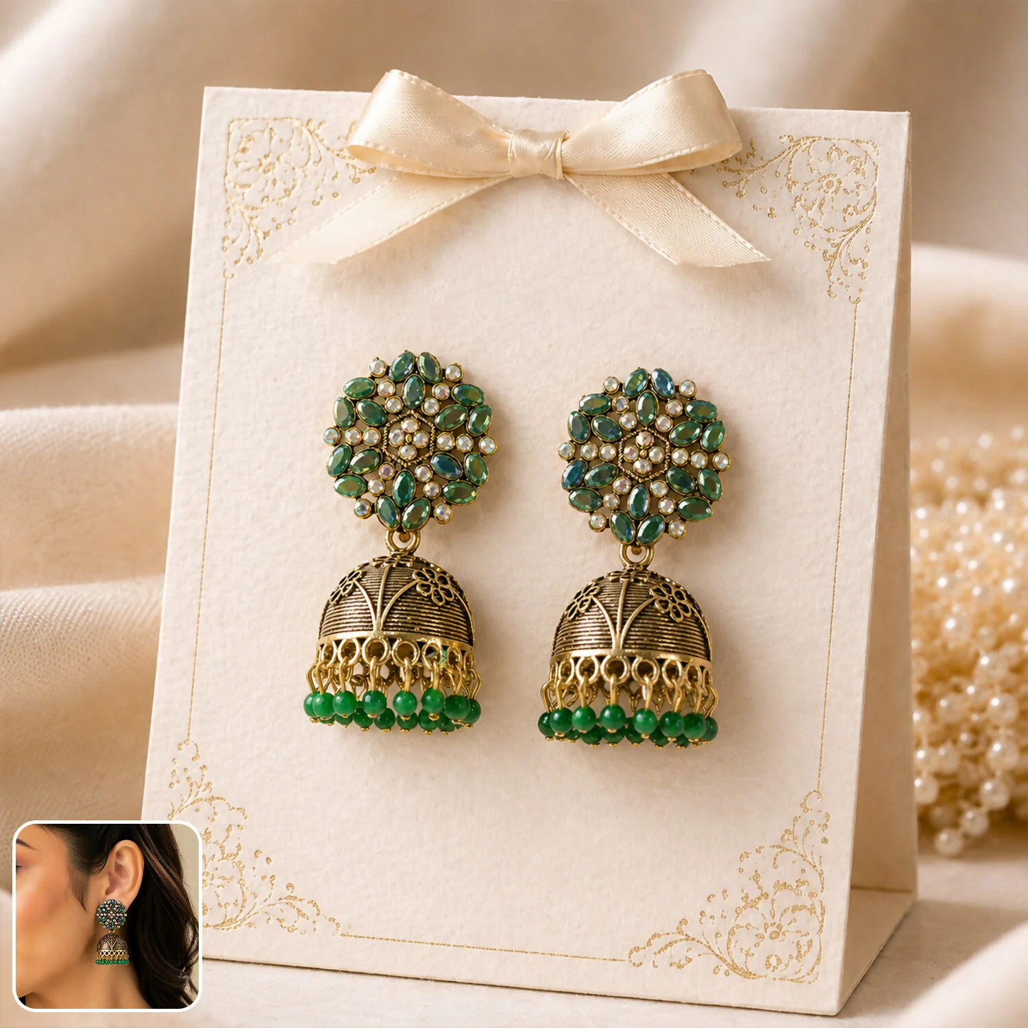 Antique Golden Jhumka Earrings with Green Stone Floral Top - Image 3