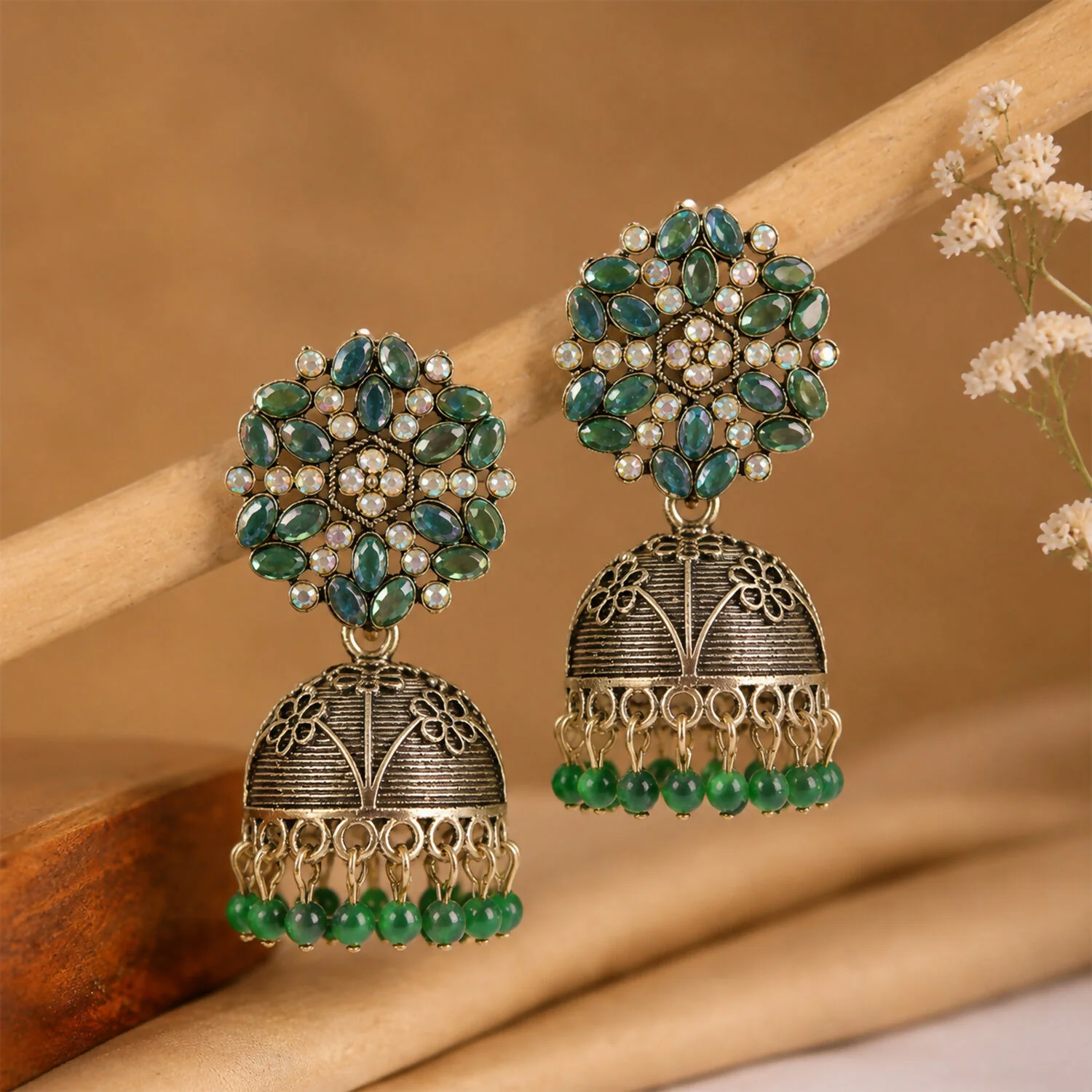 Antique Golden Jhumka Earrings with Green Stone Floral Top - Image 4