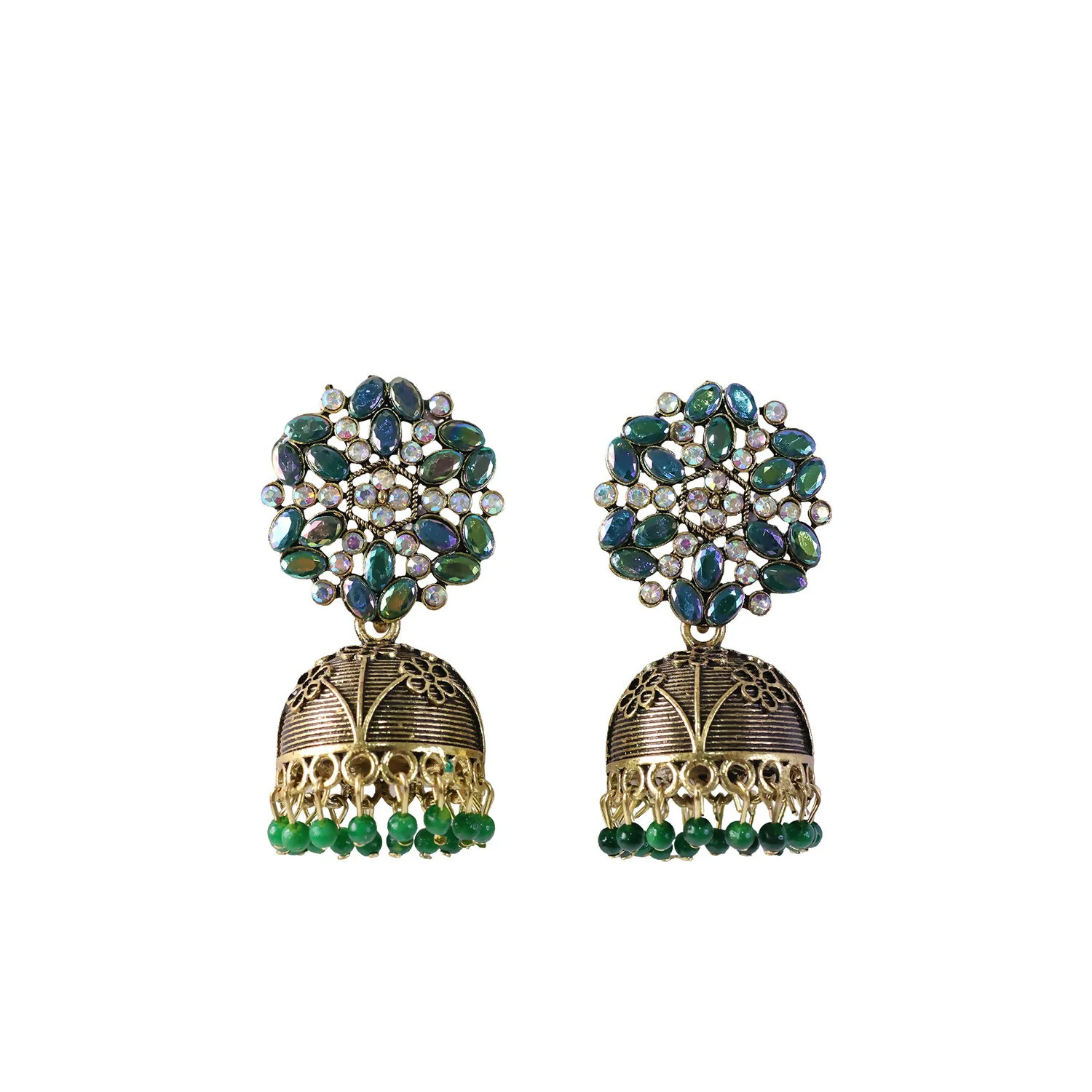 Antique Golden Jhumka Earrings with Green Stone Floral Top - Image 5
