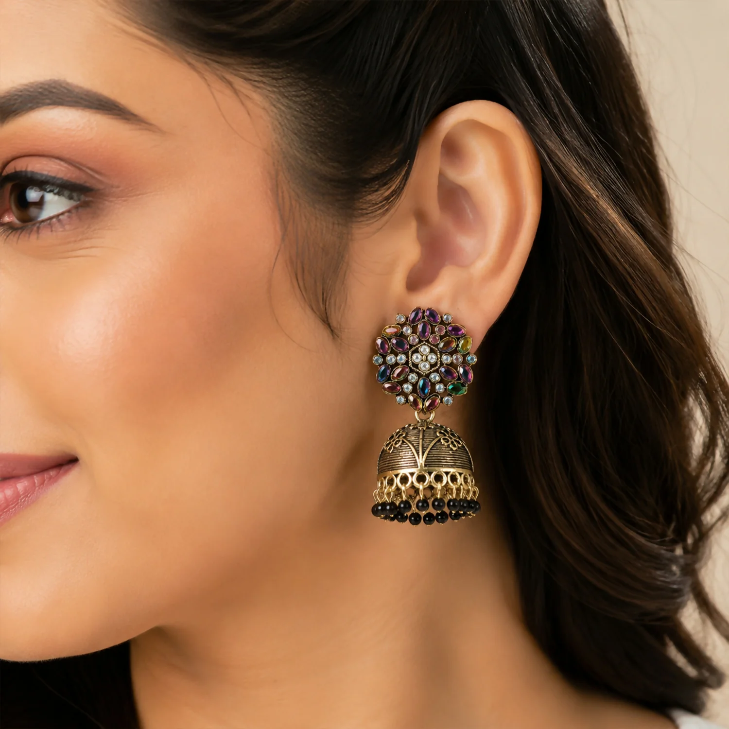 Antique Golden Jhumka Earrings with Black Stone Floral Top - Image 2