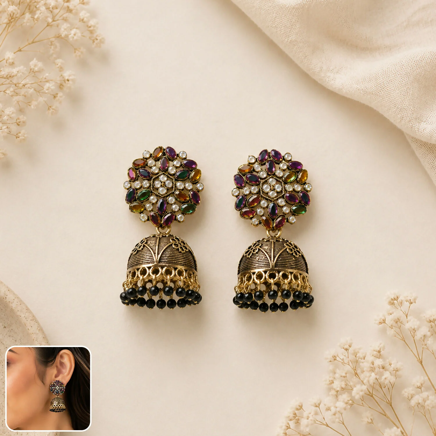 Antique Golden Jhumka Earrings with Black Stone Floral Top - Image 3