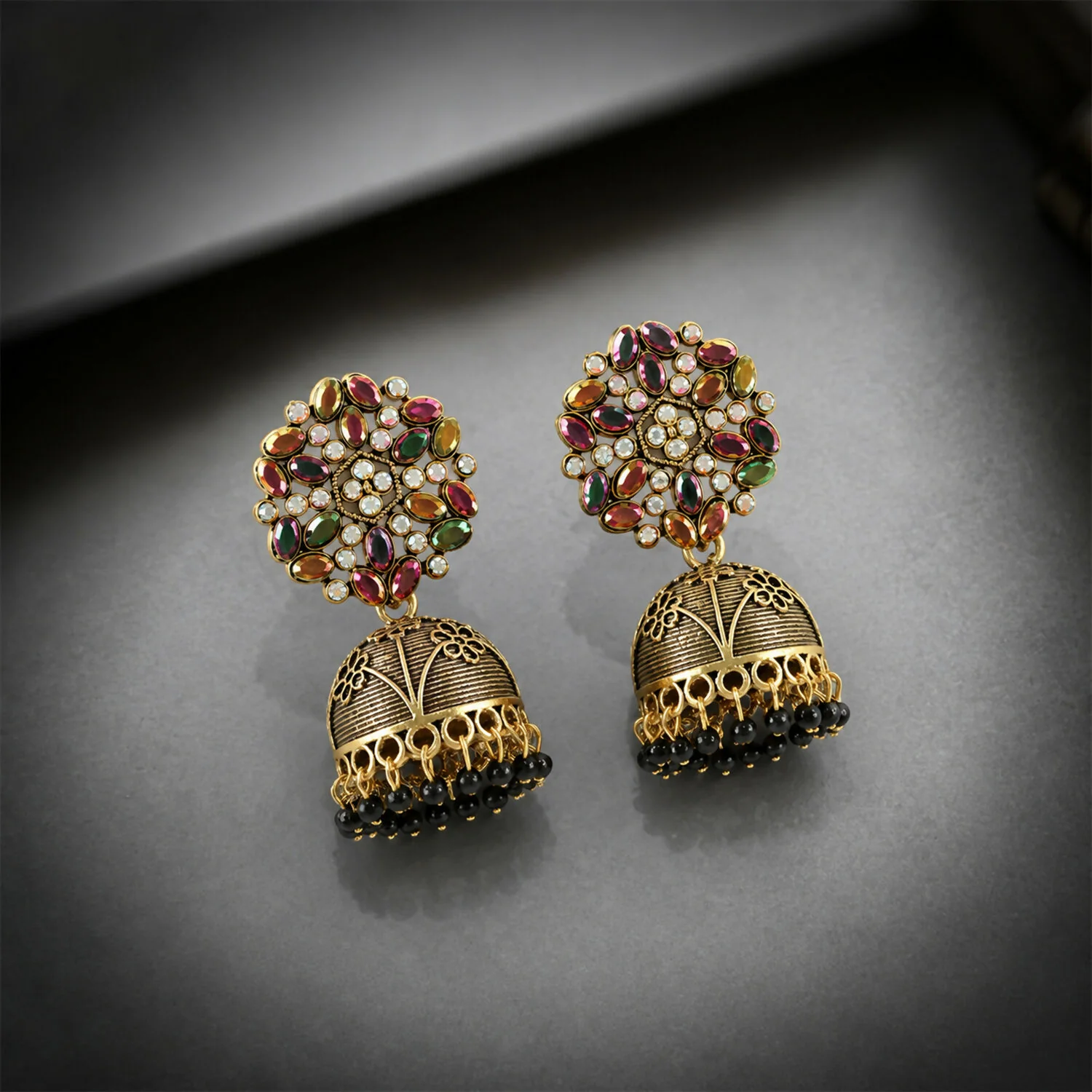 Antique Golden Jhumka Earrings with Black Stone Floral Top - Image 4