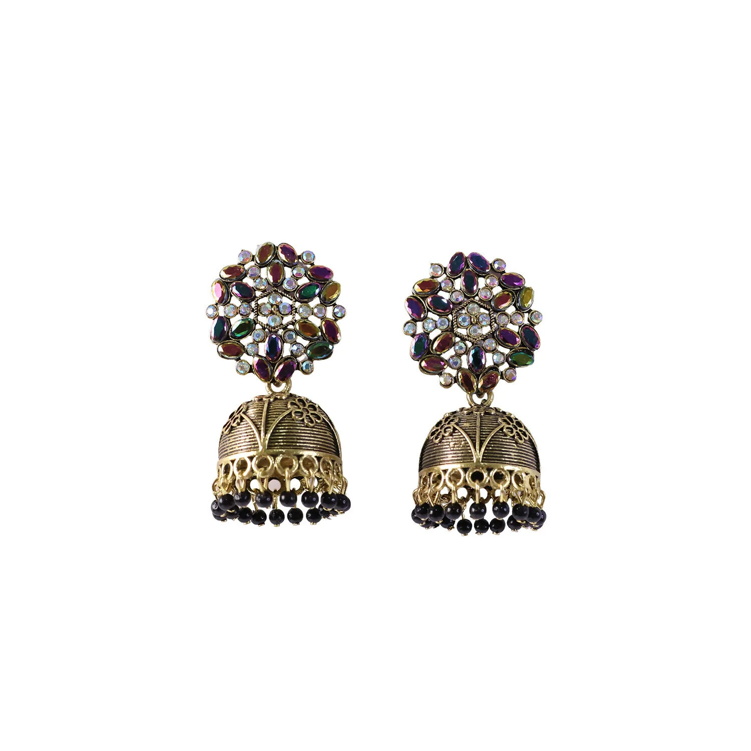 Antique Golden Jhumka Earrings with Black Stone Floral Top - Image 5