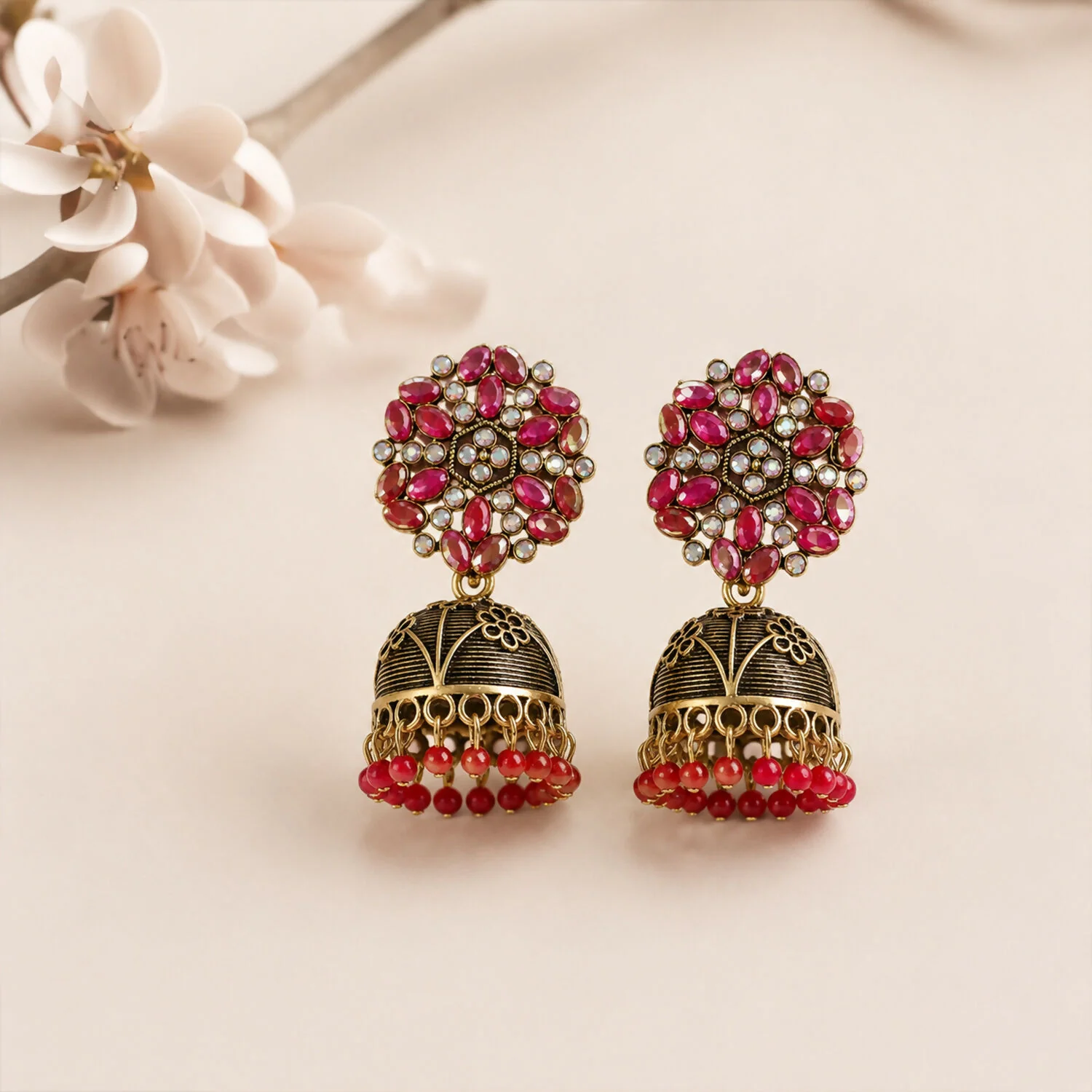 Antique Golden Jhumka Earrings with Red Stone Bead Hanging Floral Design - Image 2