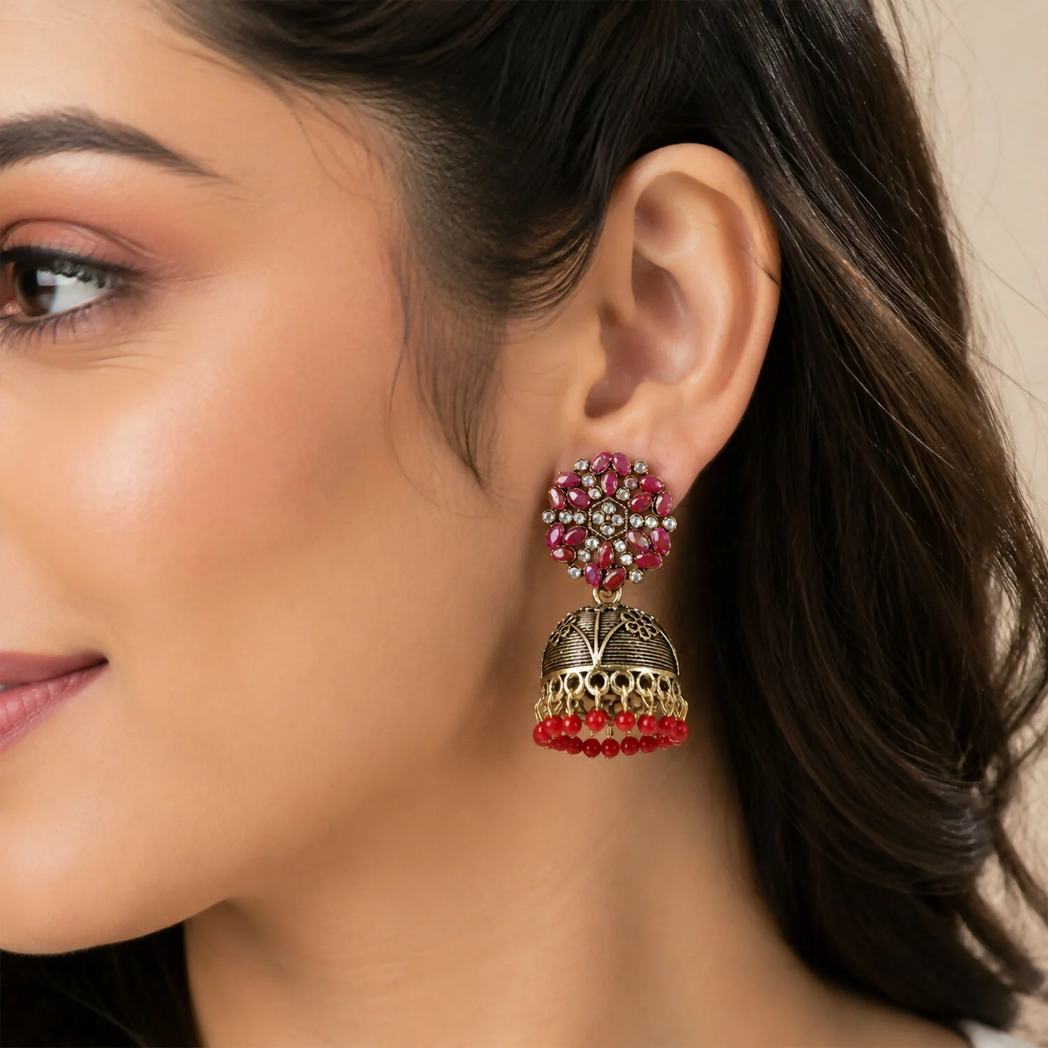 Antique Golden Jhumka Earrings with Red Stone Bead Hanging Floral Design - Image 3