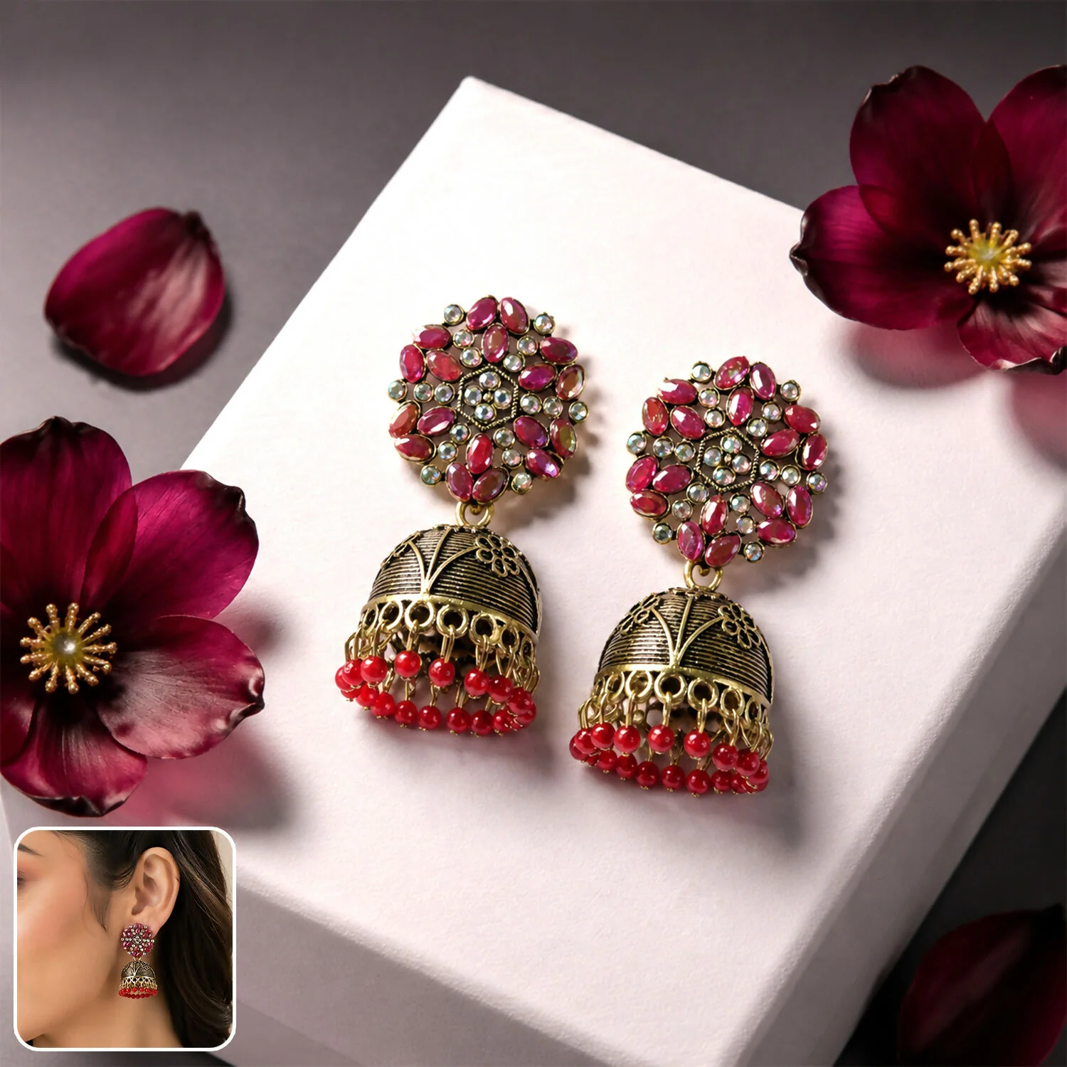 Antique Golden Jhumka Earrings with Red Stone Bead Hanging Floral Design - Image 4