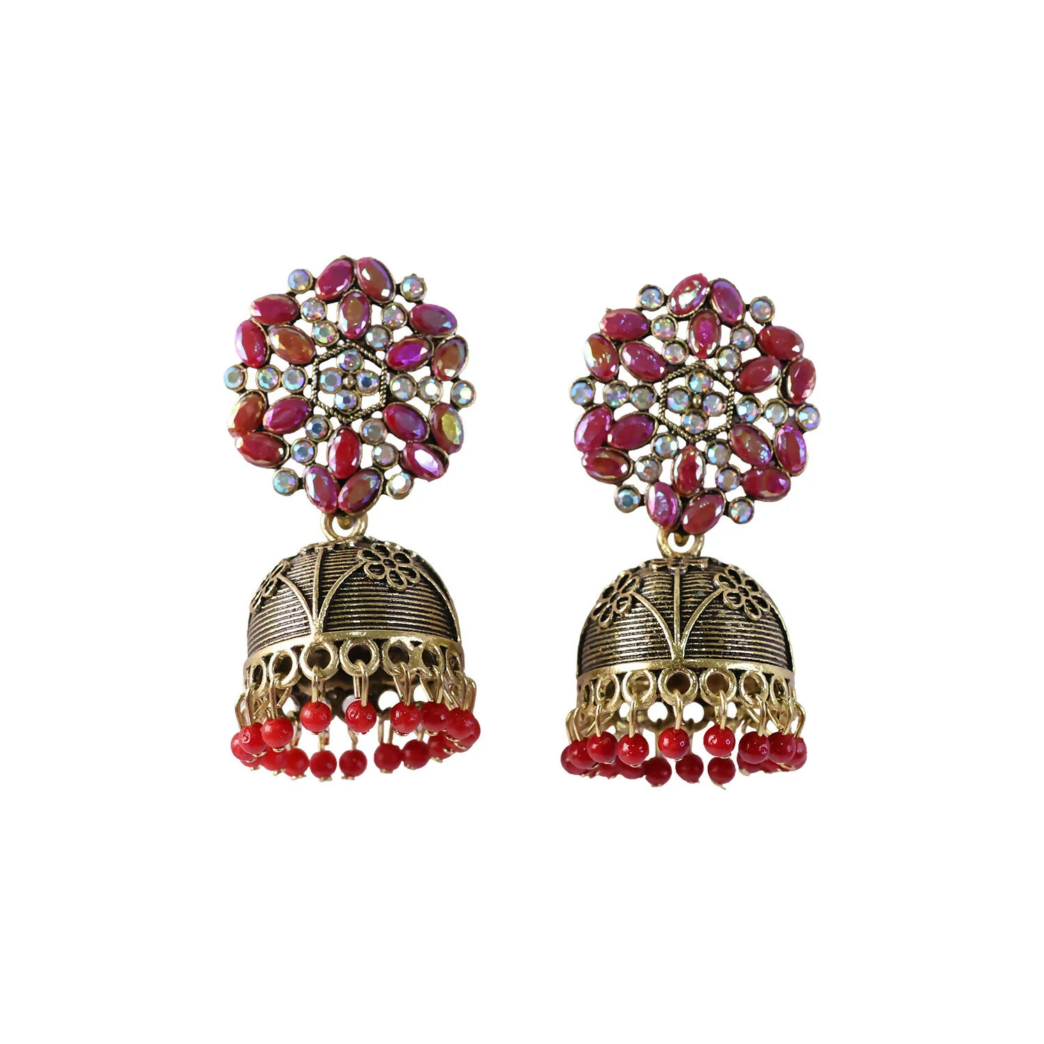 Antique Golden Jhumka Earrings with Red Stone Bead Hanging Floral Design - Image 5