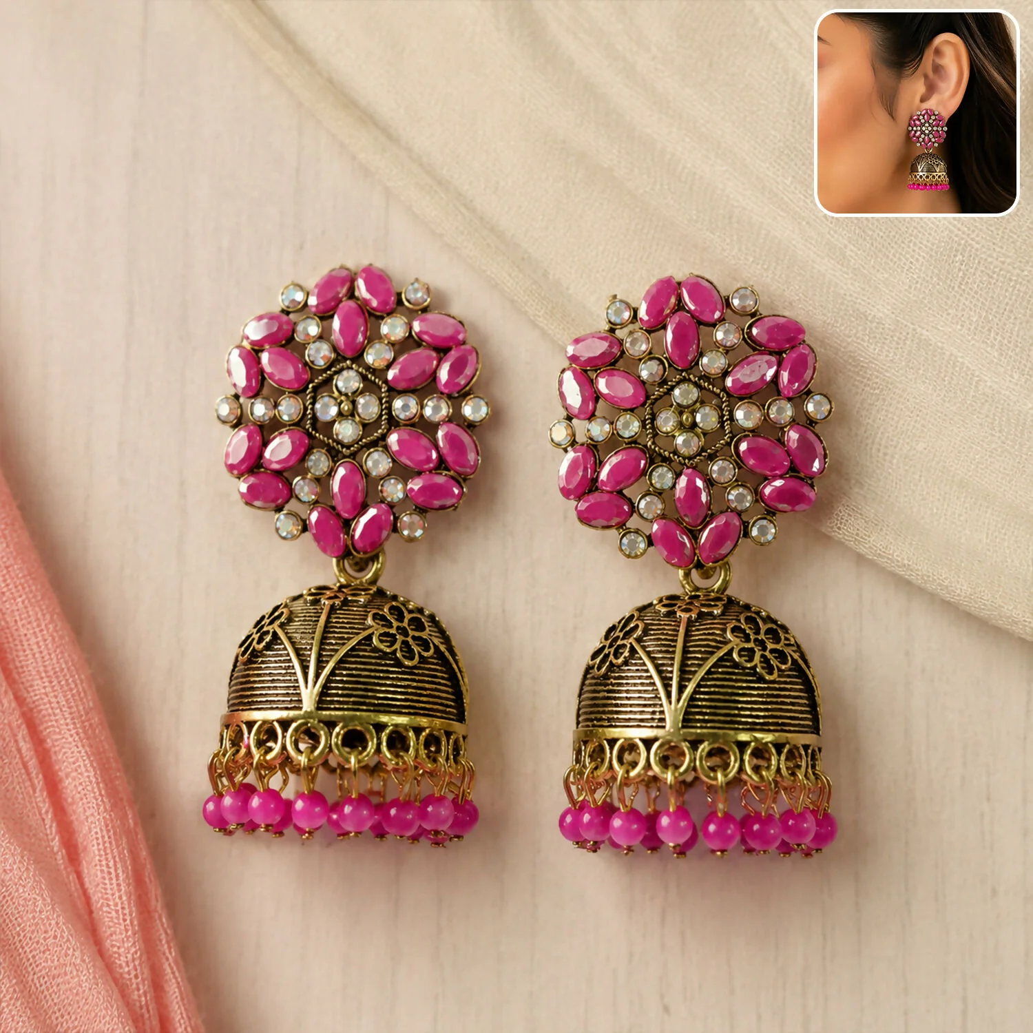 Antique Golden Jhumka Earrings with Pink Stone Floral Top - Image 2