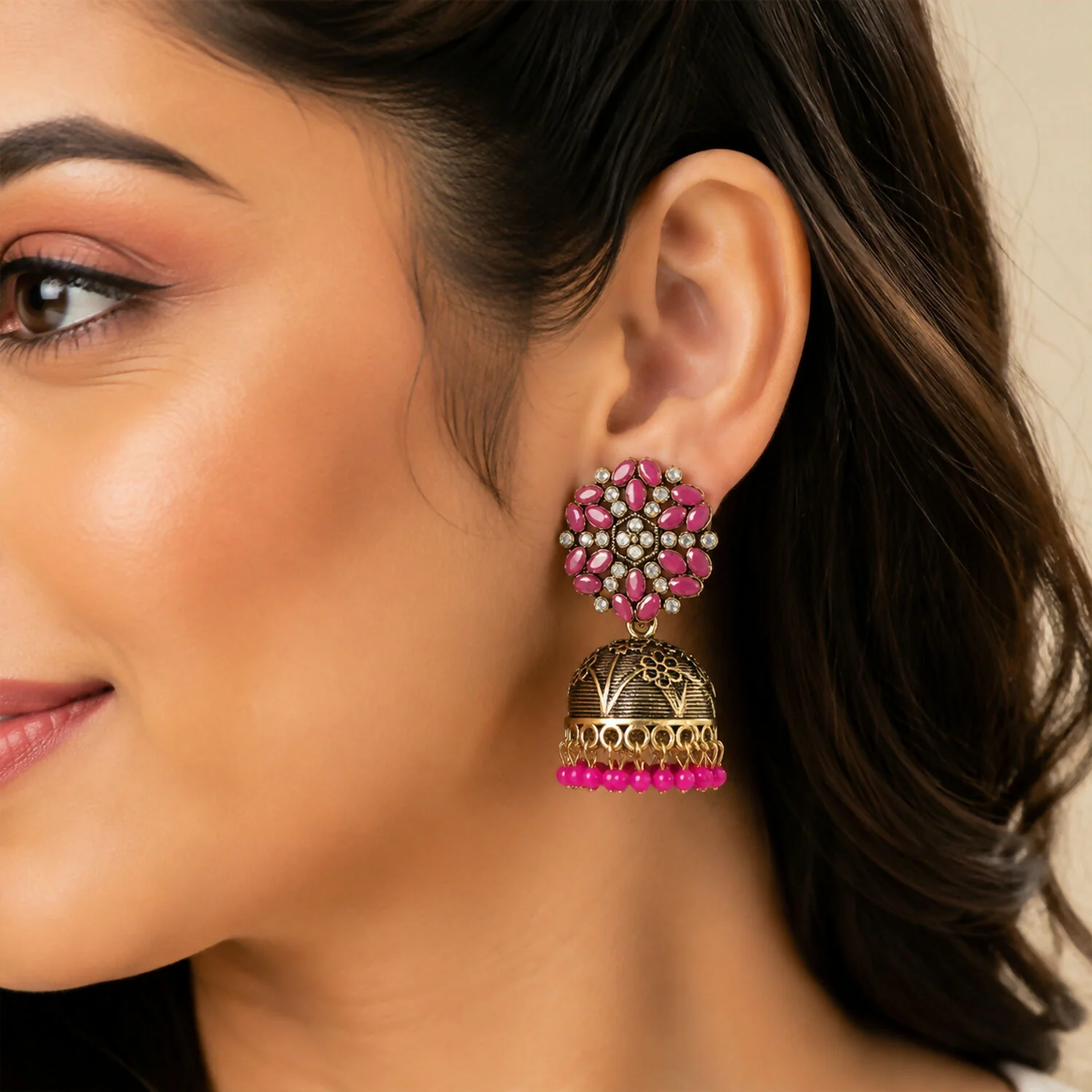 Antique Golden Jhumka Earrings with Pink Stone Floral Top - Image 3