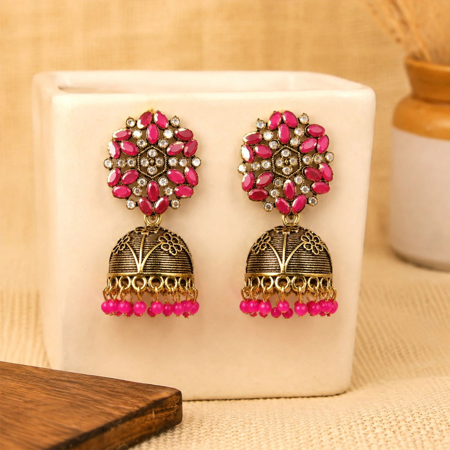 Antique Golden Jhumka Earrings with Pink Stone Floral Top - Image 4