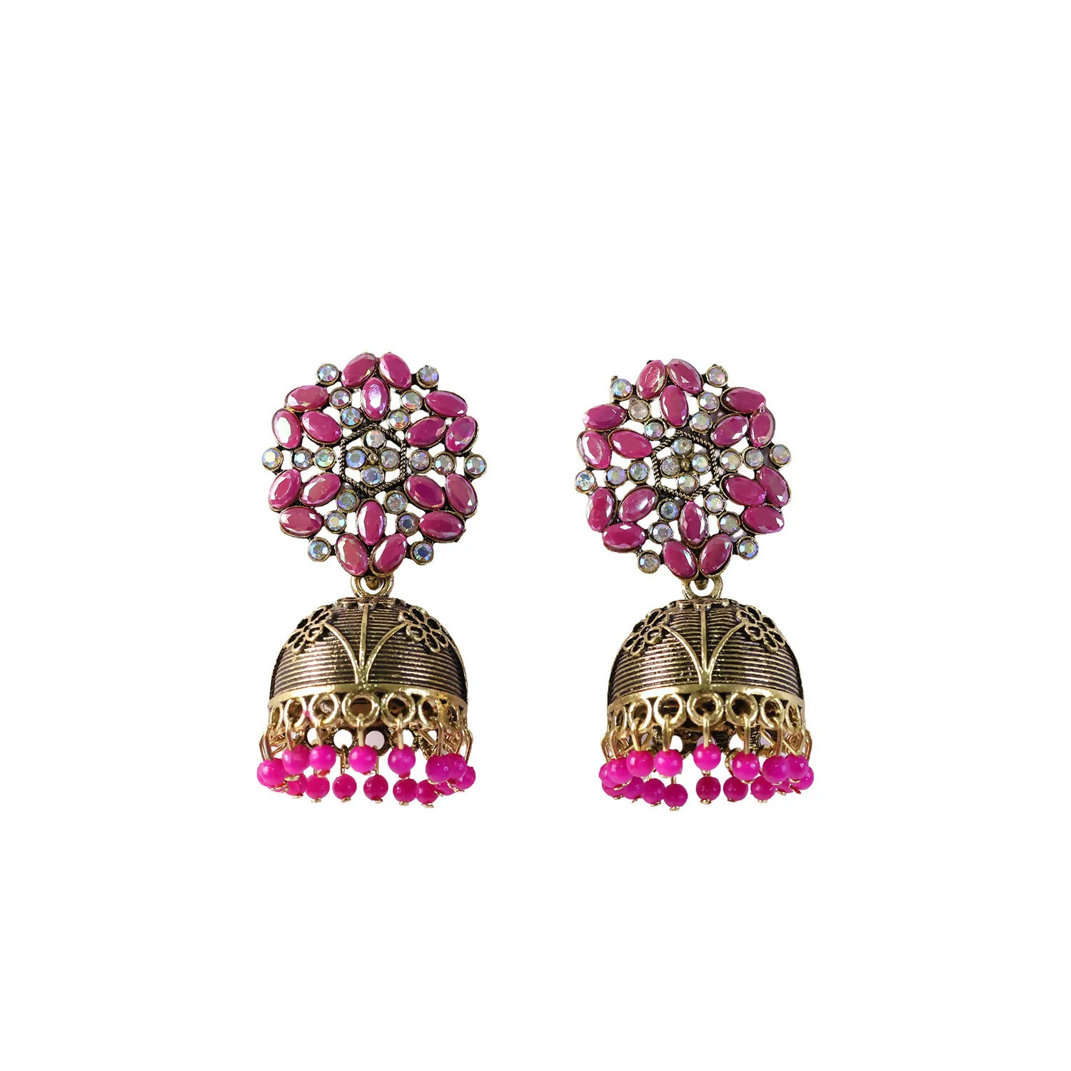 Antique Golden Jhumka Earrings with Pink Stone Floral Top - Image 5