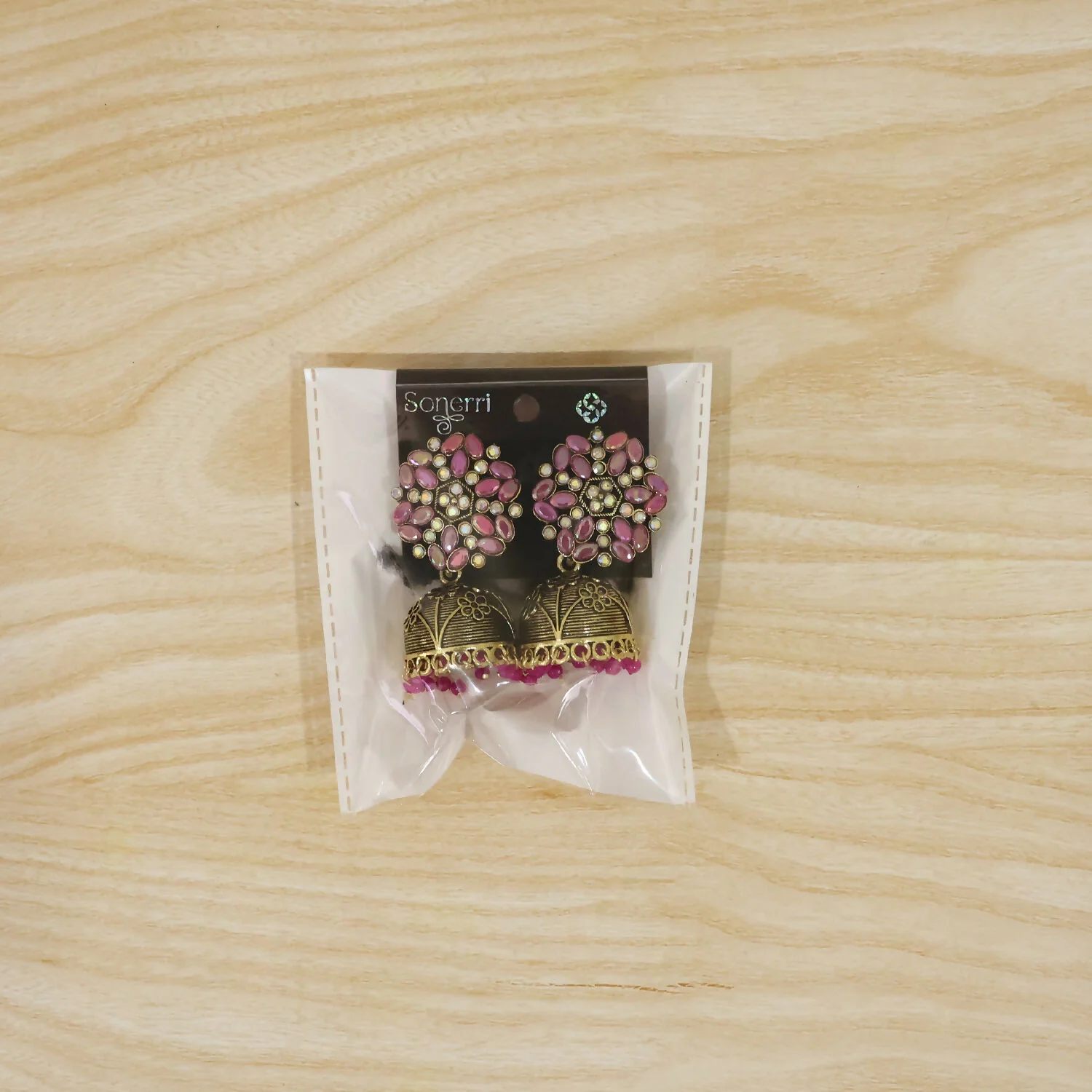Antique Golden Jhumka Earrings with Pink Stone Floral Top - Image 6