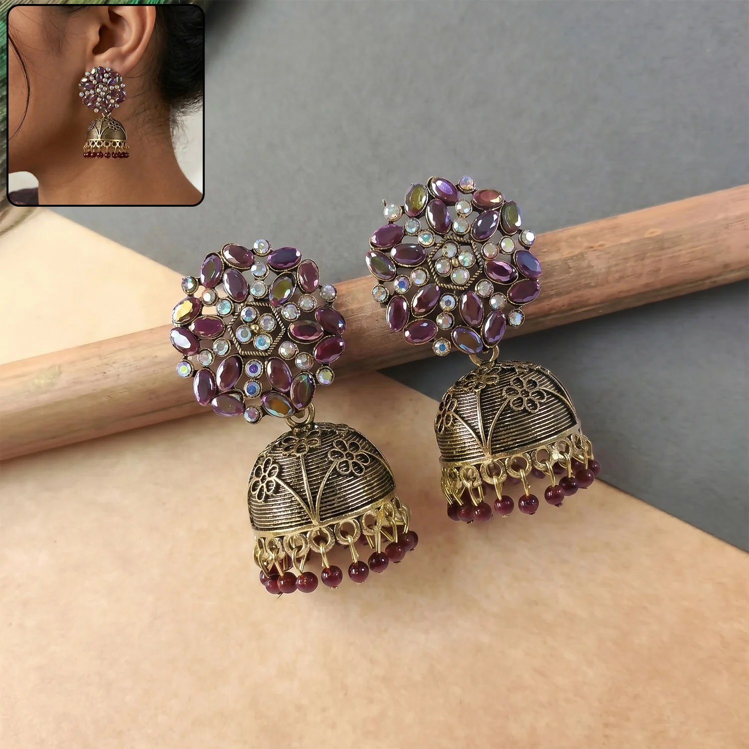Antique Golden Jhumka Earrings with Maroon Stone Floral Top - Image 2