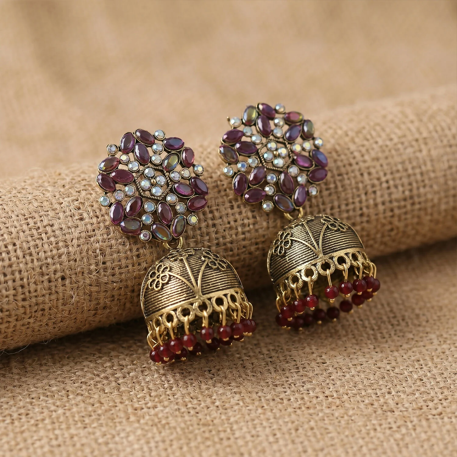 Antique Golden Jhumka Earrings with Maroon Stone Floral Top - Image 3
