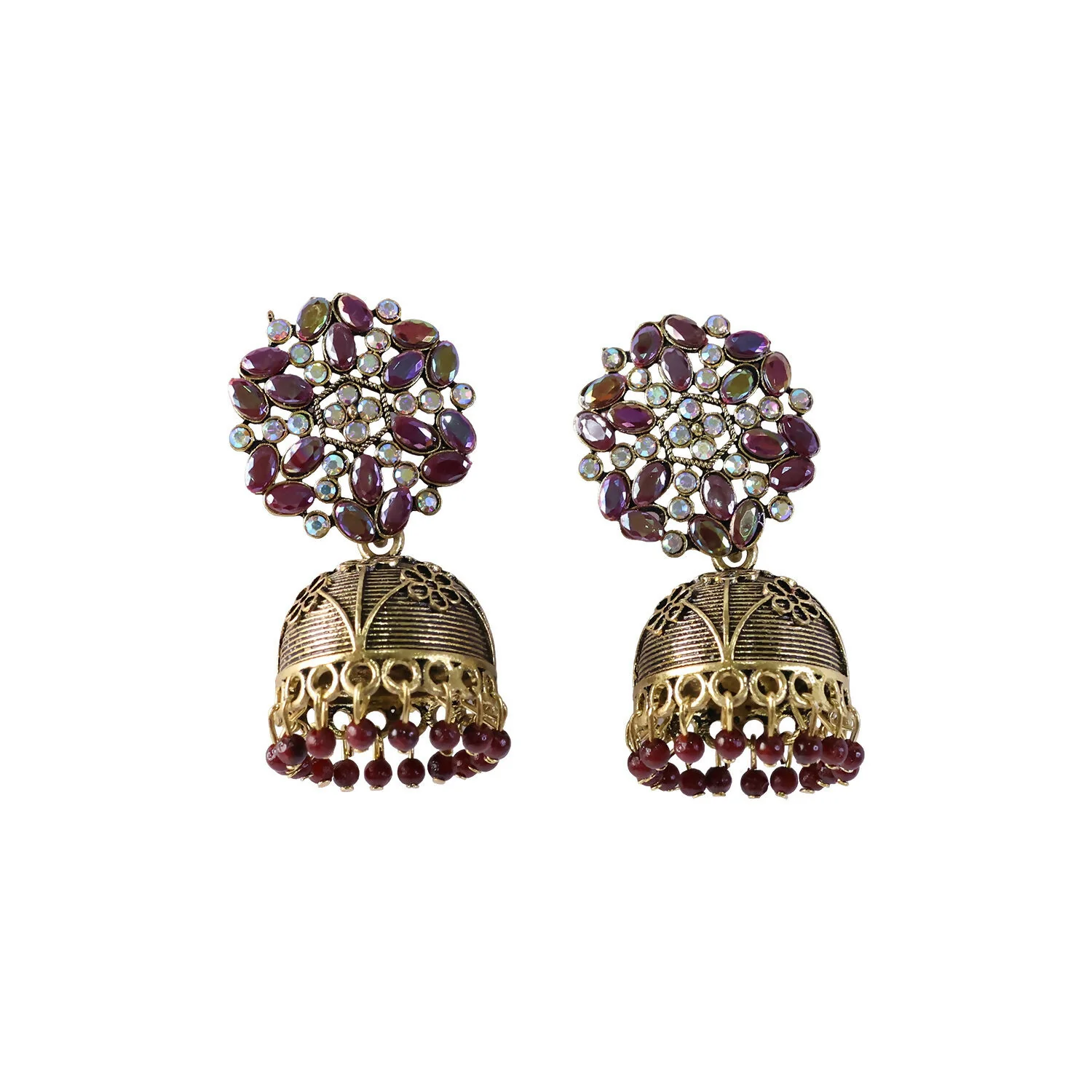 Antique Golden Jhumka Earrings with Maroon Stone Floral Top - Image 5