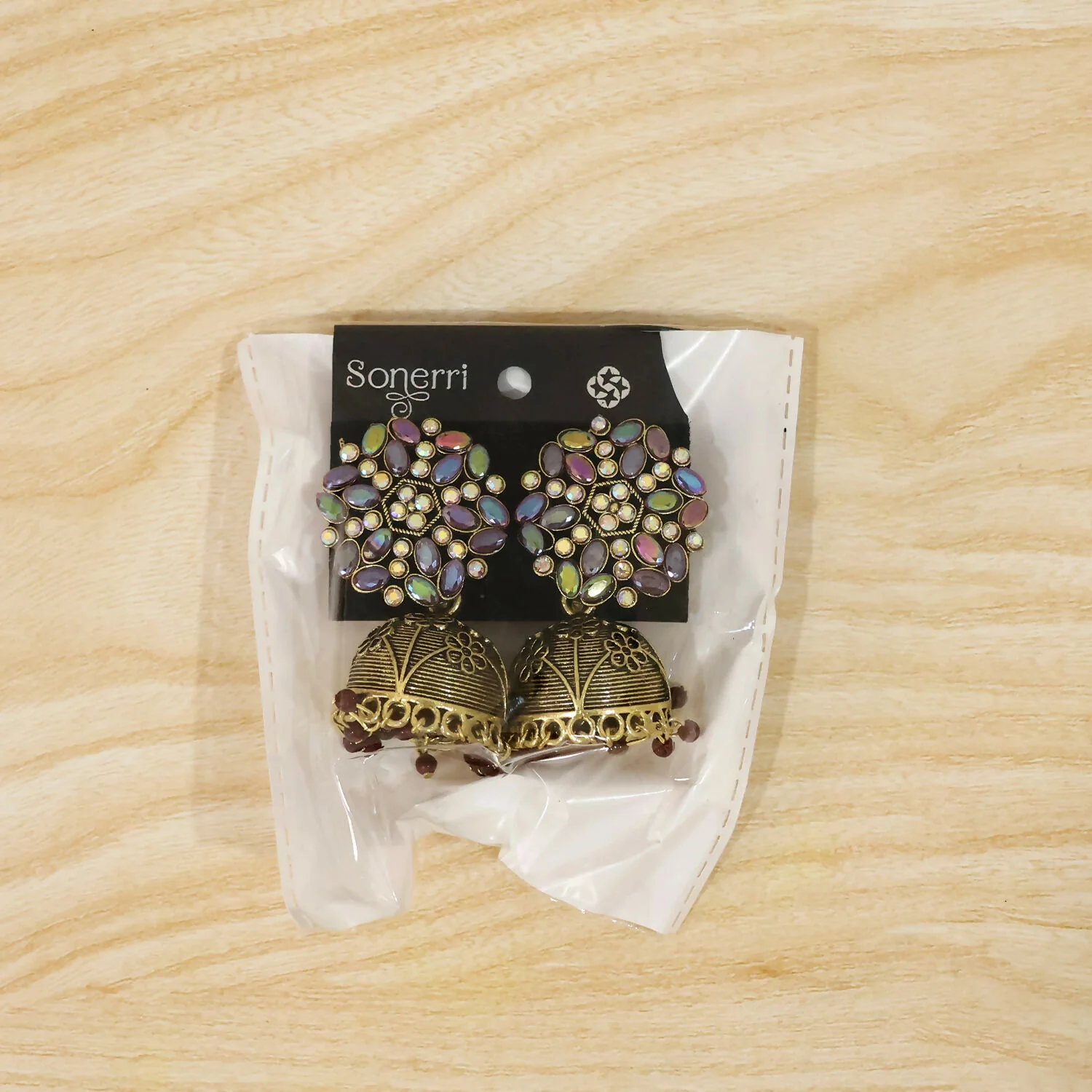 Antique Golden Jhumka Earrings with Maroon Stone Floral Top - Image 6