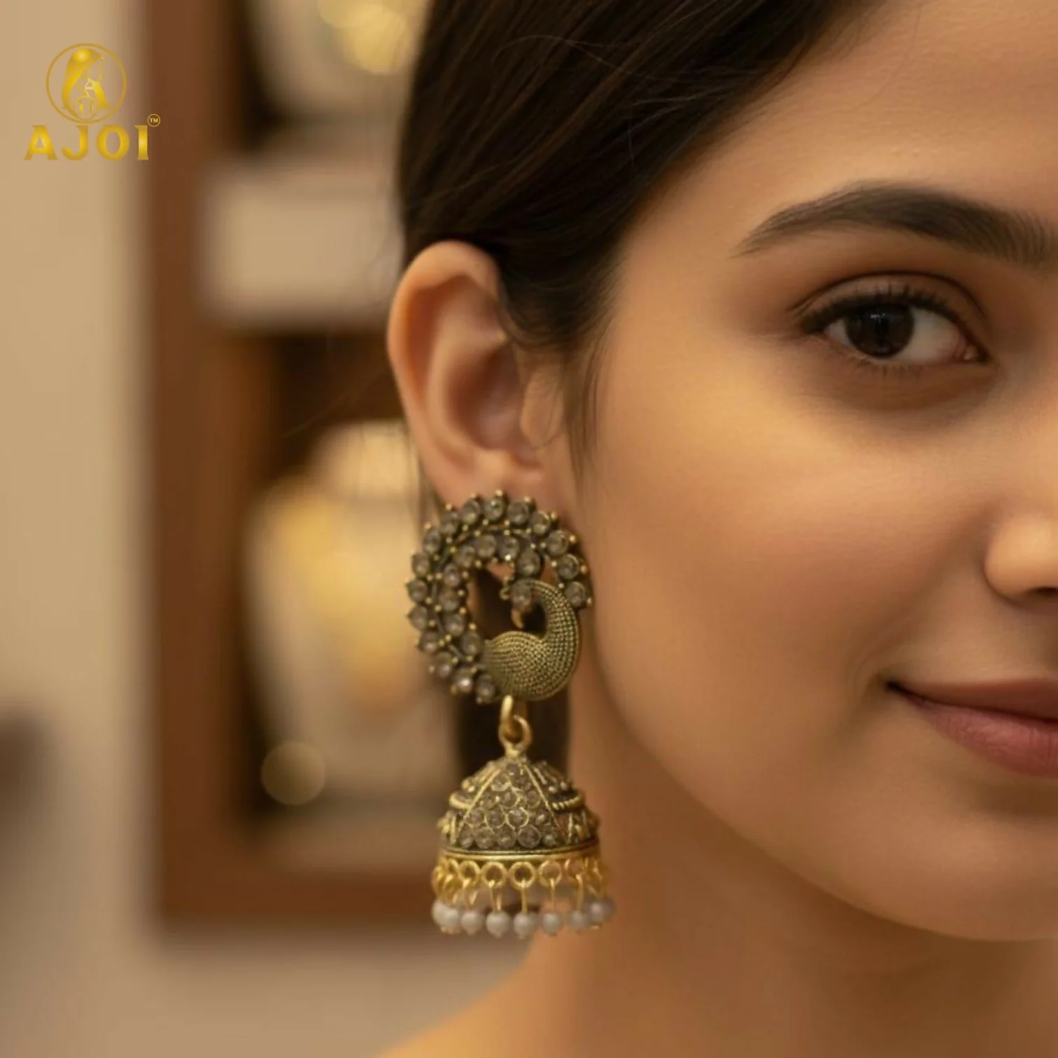 Antique Grey Peacock Design Jhumka Earrings - Image 2